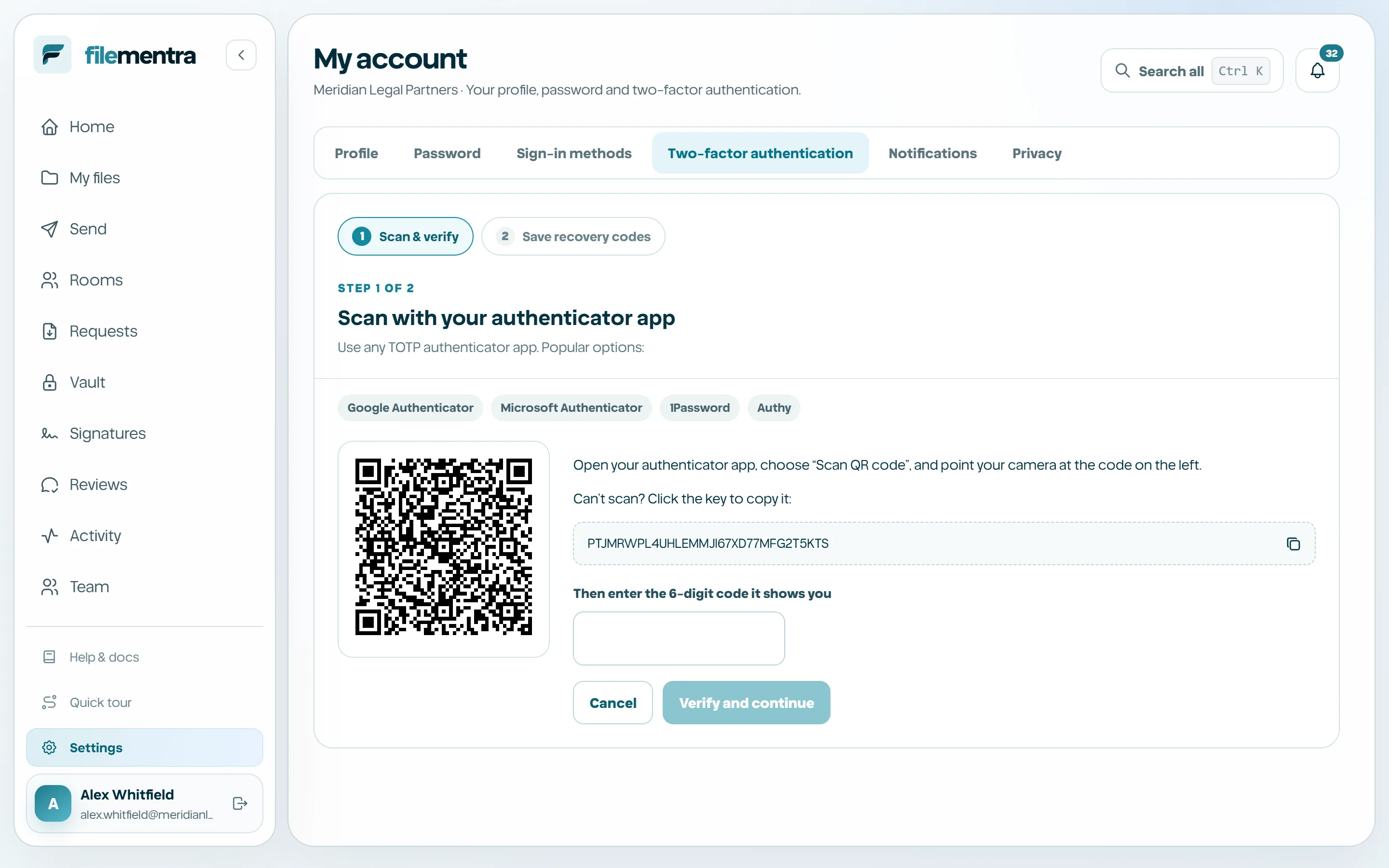QR setup, code confirmation, and recovery-code screen.