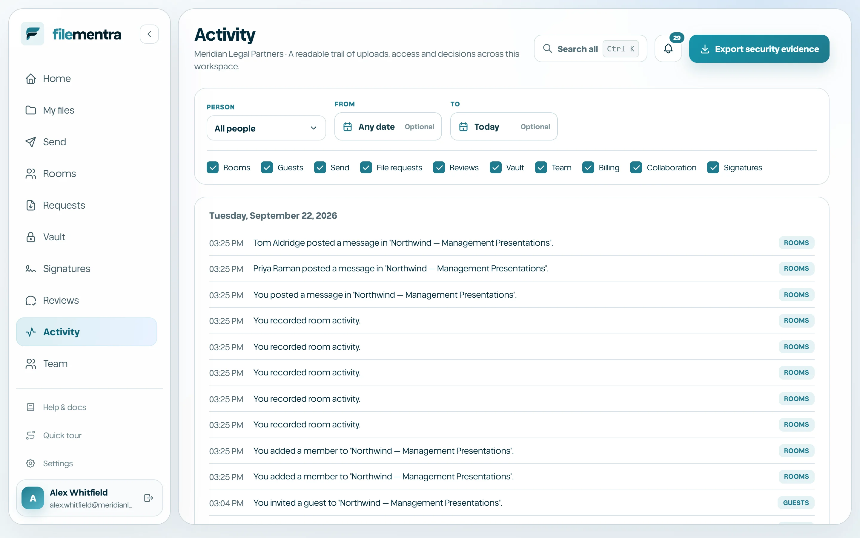 Filtered activity timeline with actor, action, target, and result.