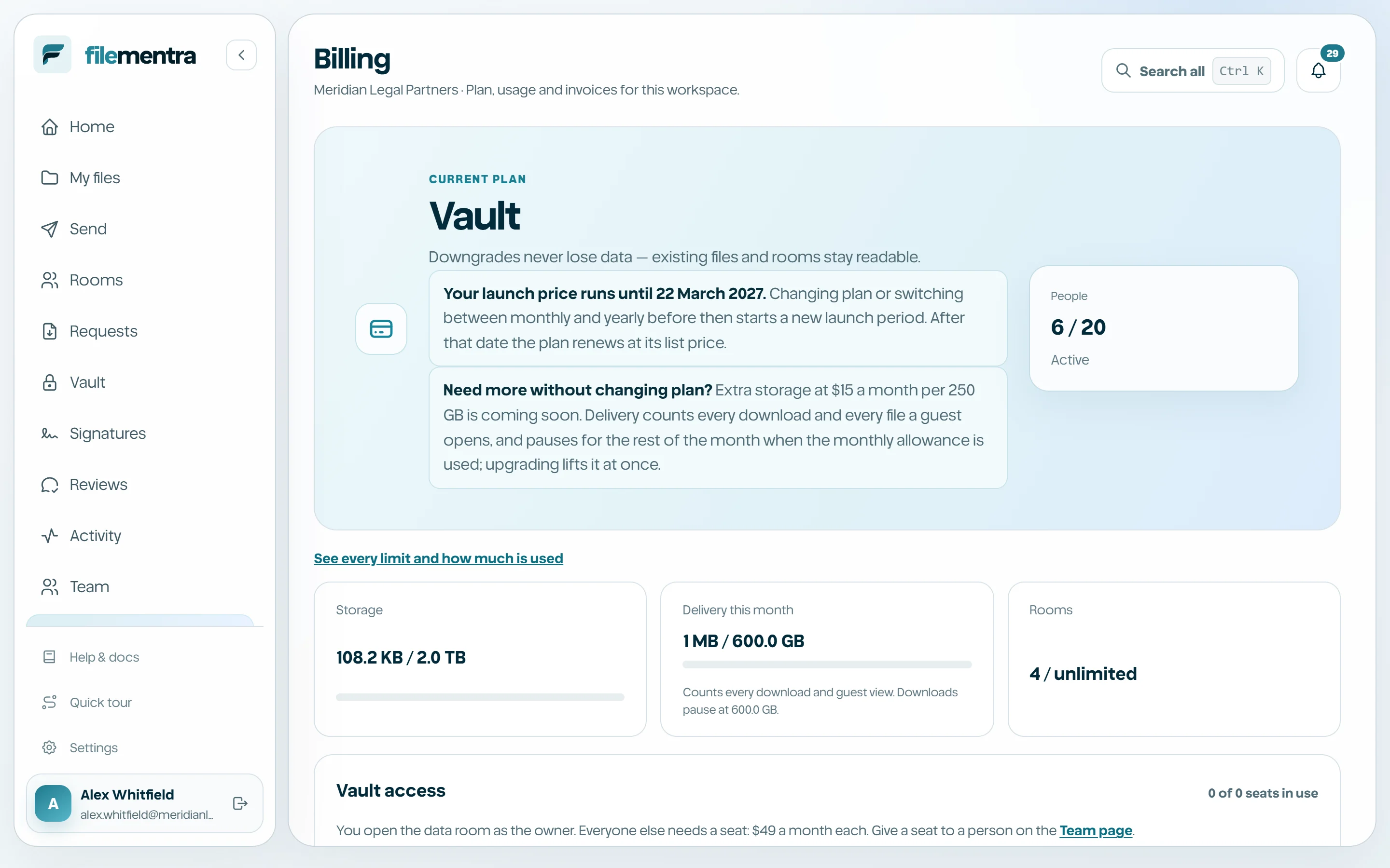 Current plan, usage metrics, and available plans.
