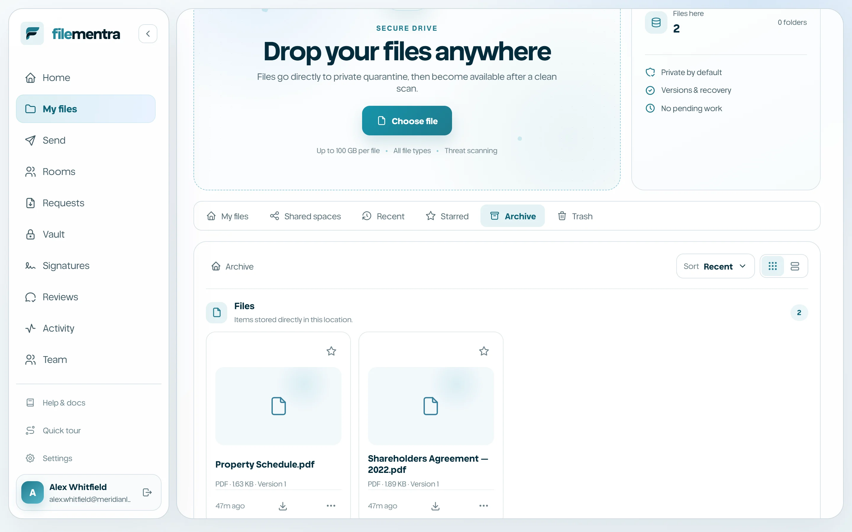 Archived files and folders with restore actions.