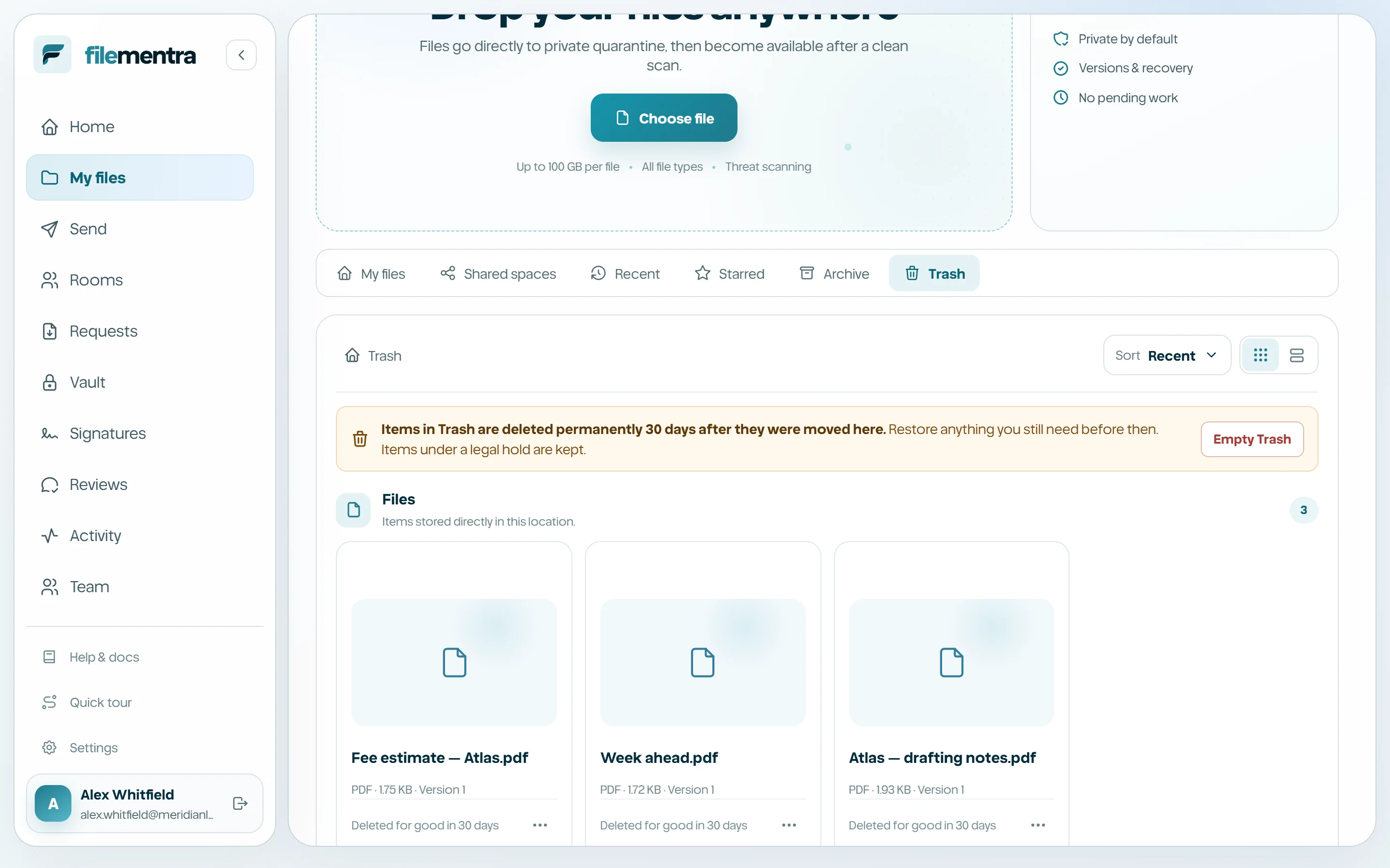 Trash view with restore and permanent-delete controls.