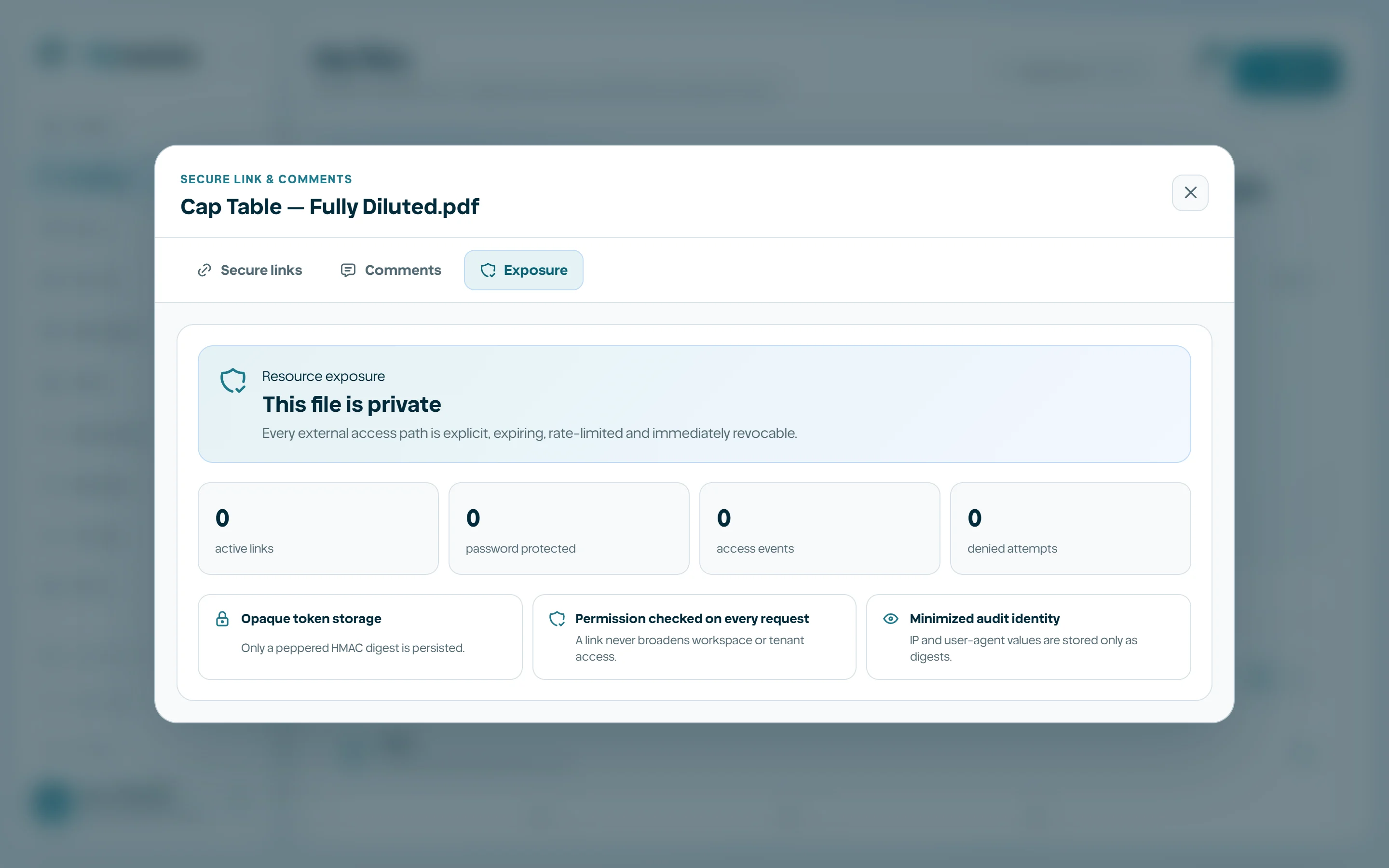 Collaboration dialog showing active links, comments, and exposure.
