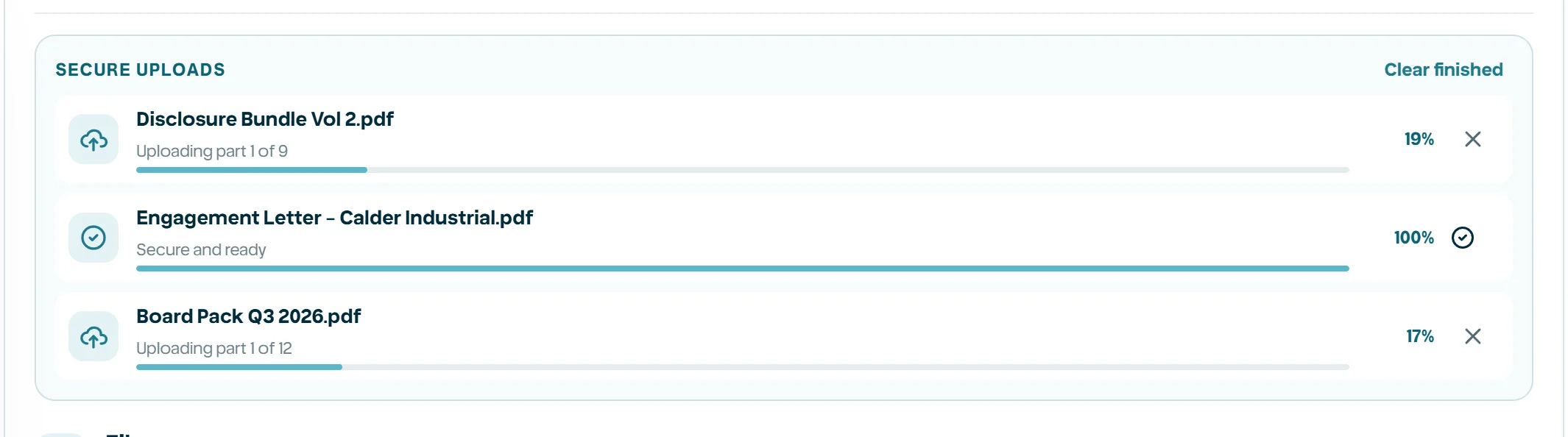 Upload states from hashing through clean, rejected, and failed.