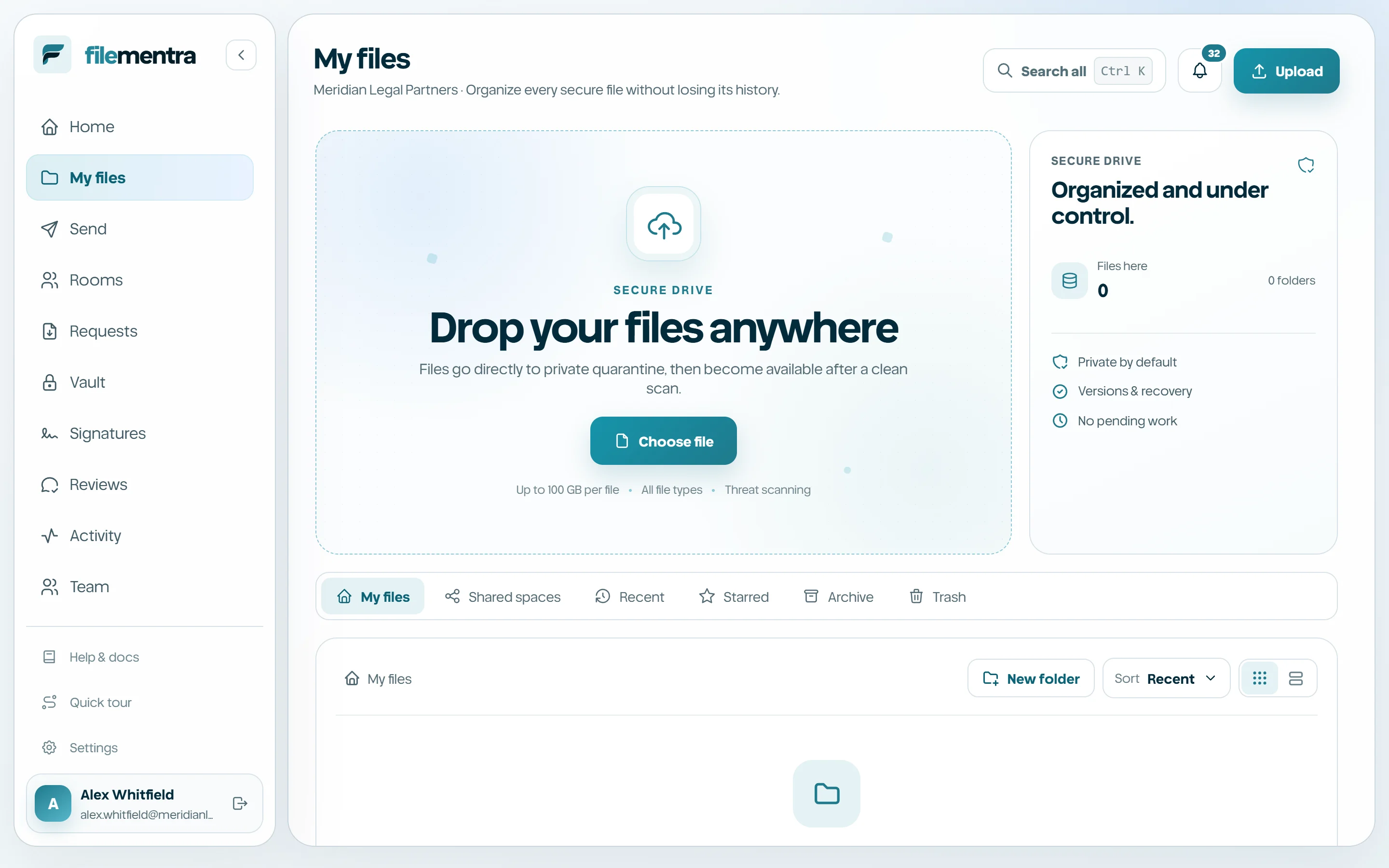 My files upload area with a selected destination folder.