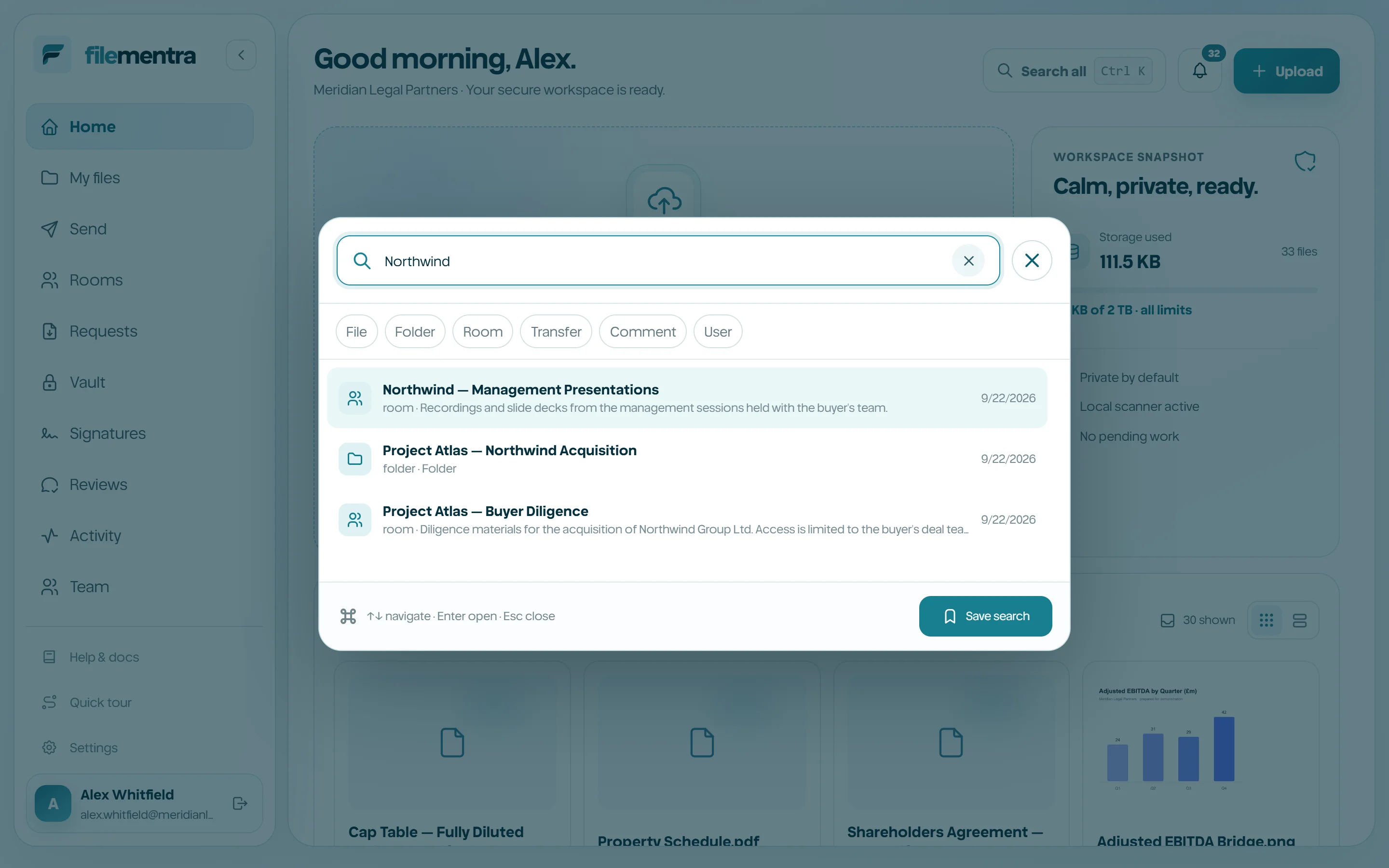Search palette with grouped permission-aware results.