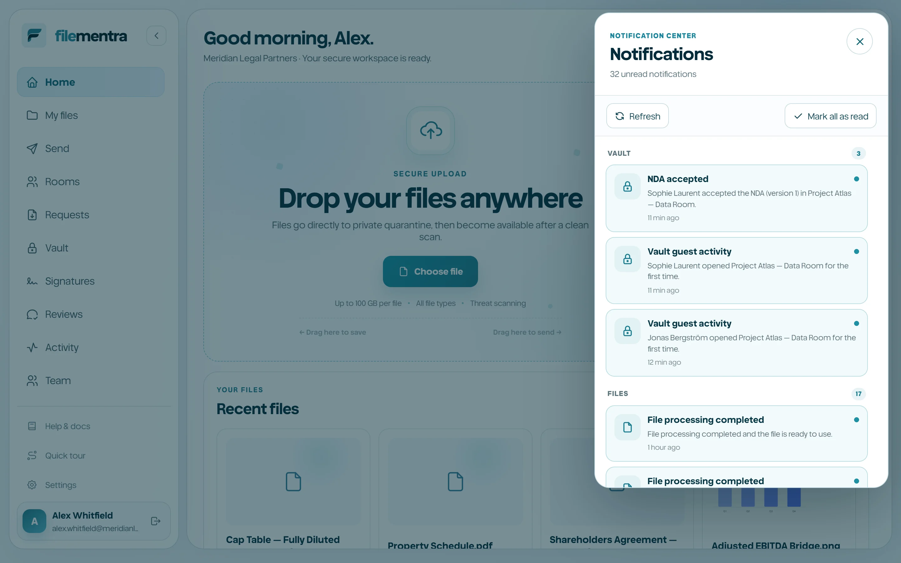 Notification popover and preferences panel.