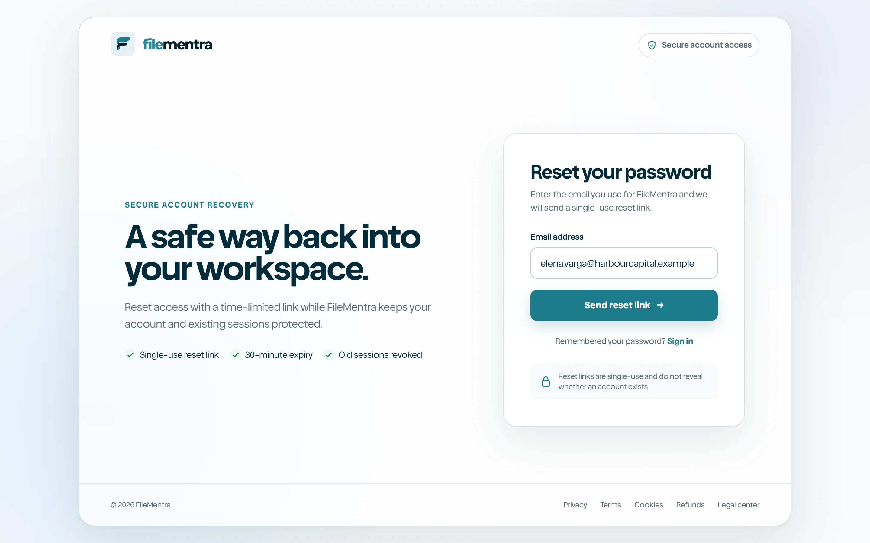 Forgot-password request and new-password confirmation screens.