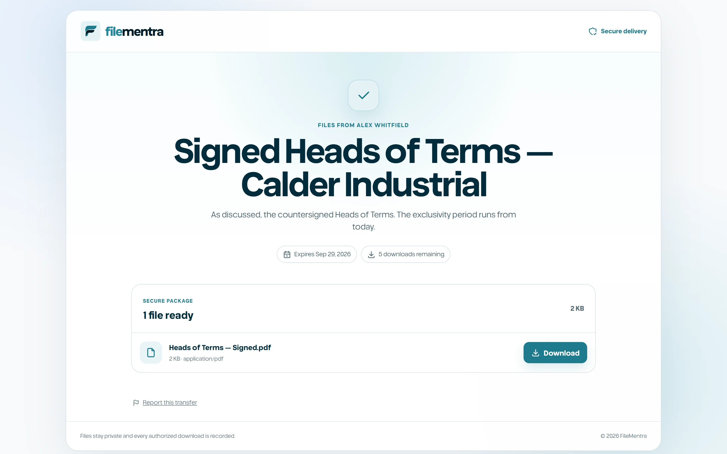 Public recipient page with verification and file list.