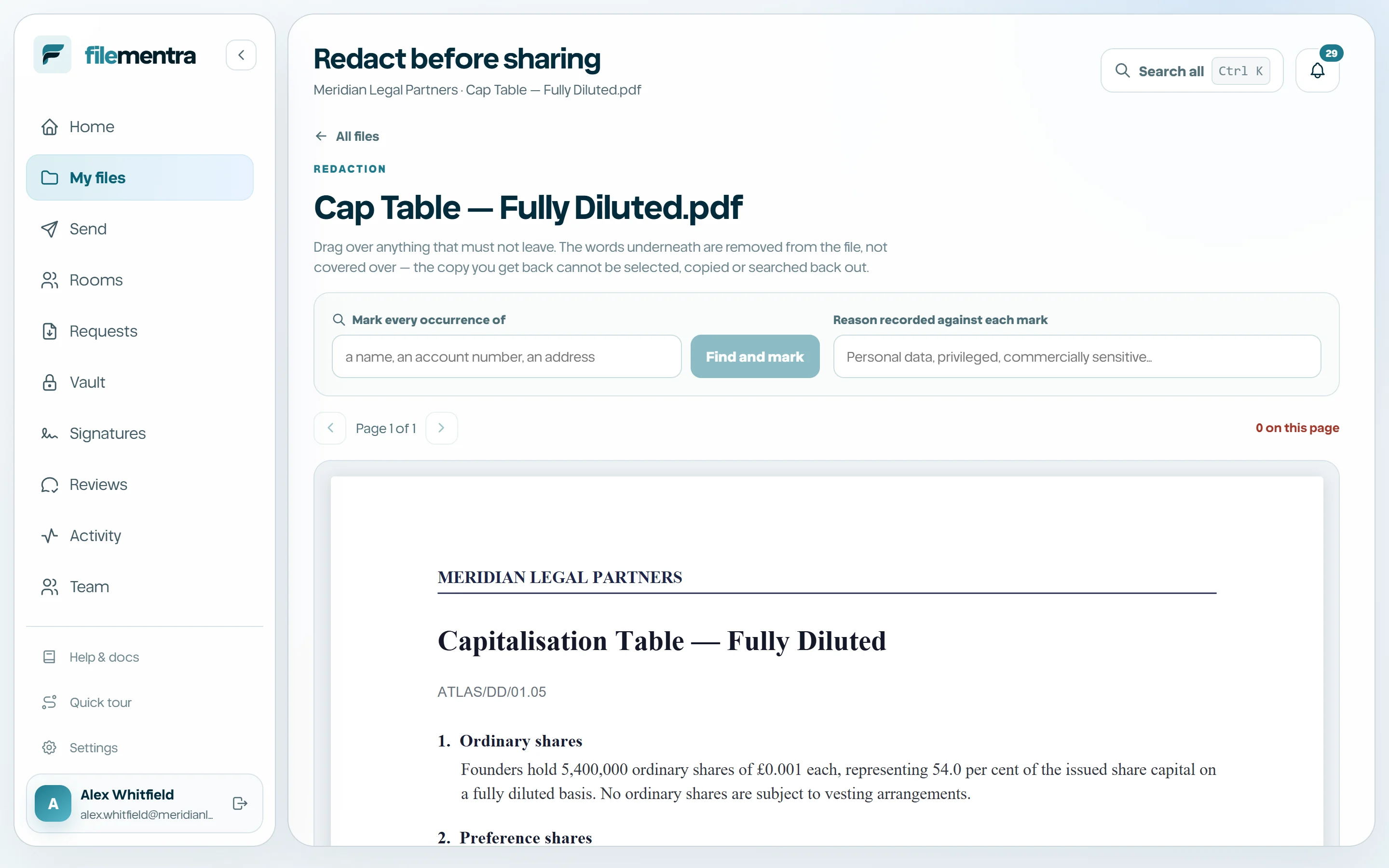 A page with several marks placed, one selected with its resize handles and reason visible.
