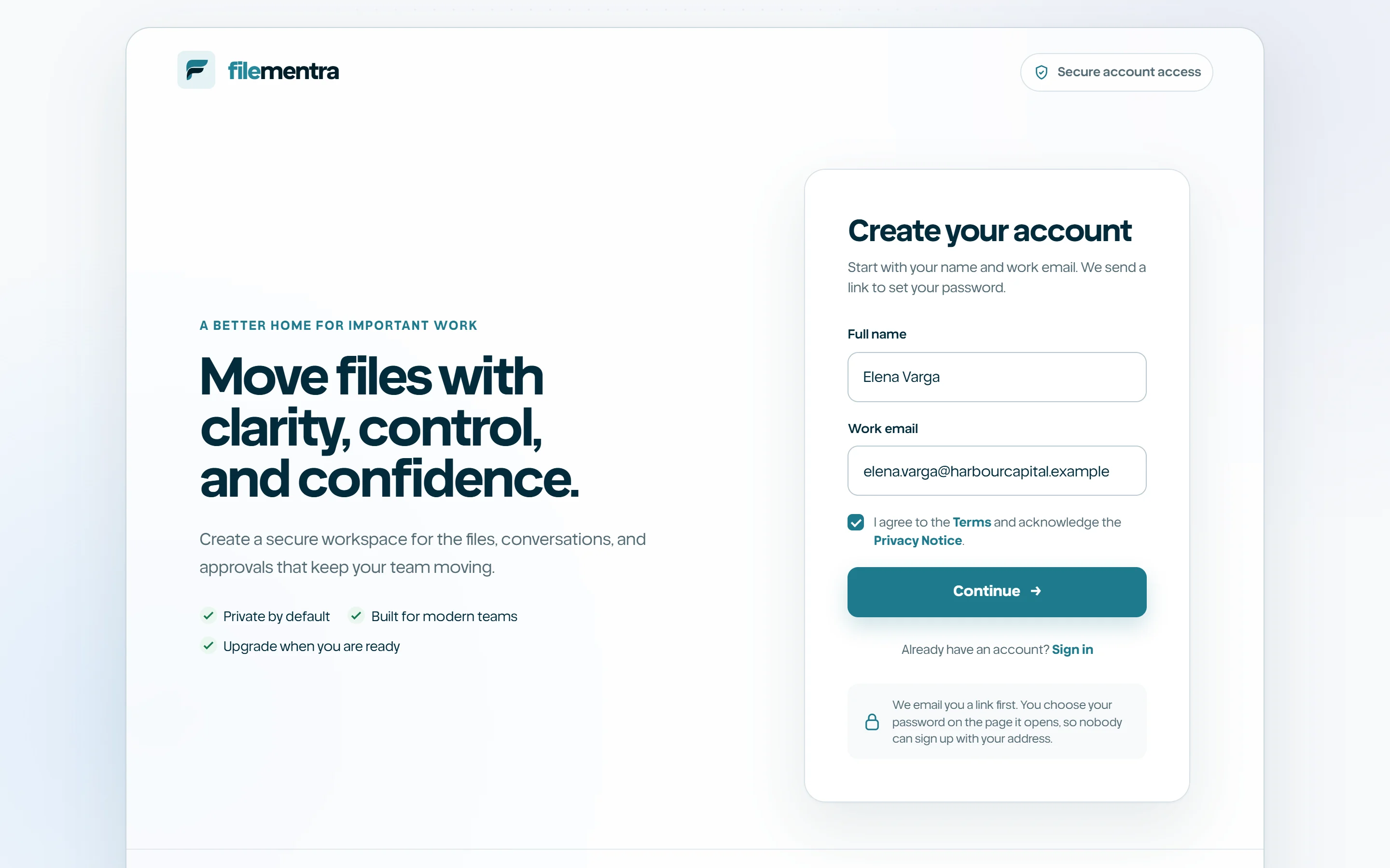 Registration screen with every required field completed using sample data.