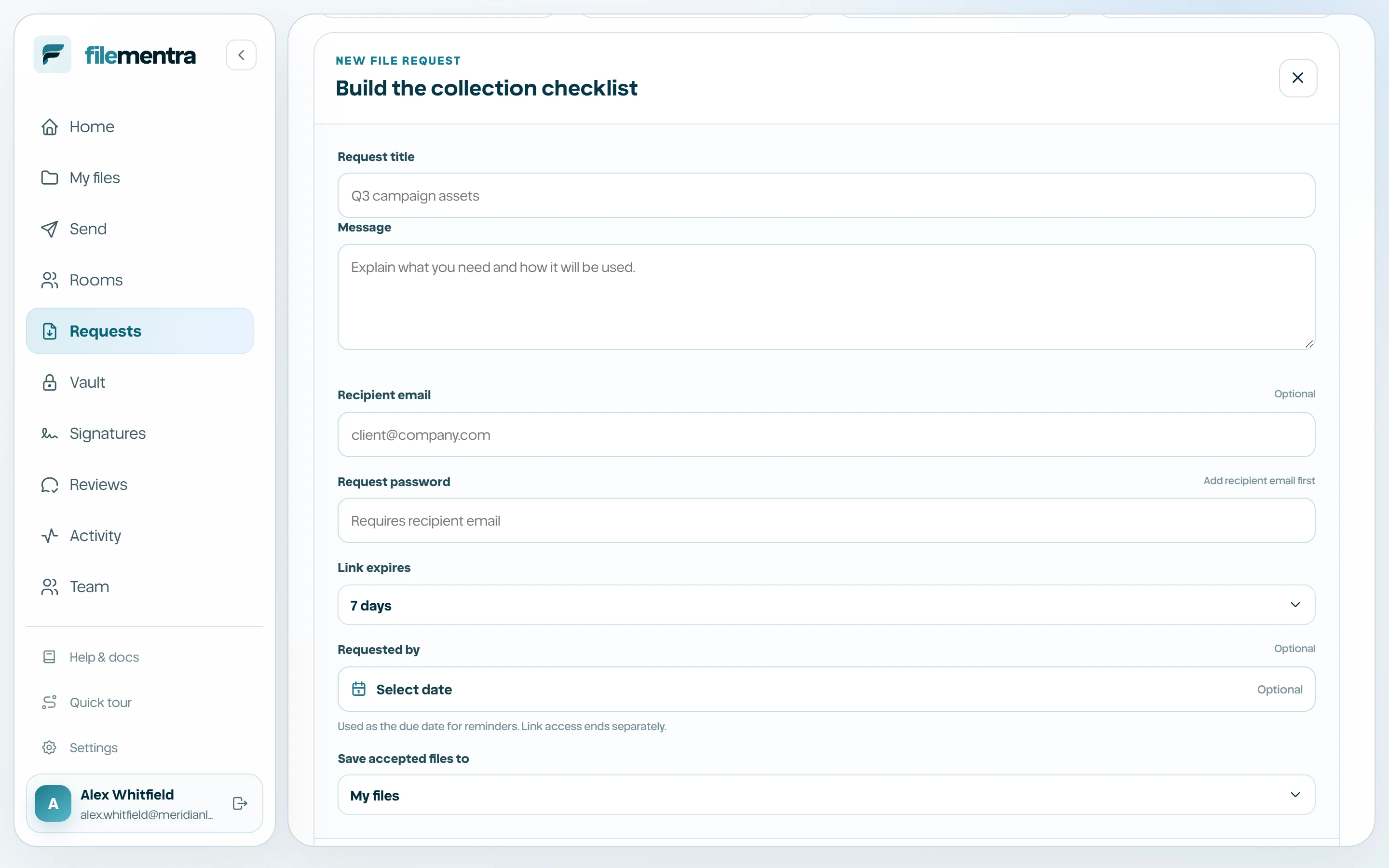 Request title, message, recipient, expiry, deadline, and destination fields.