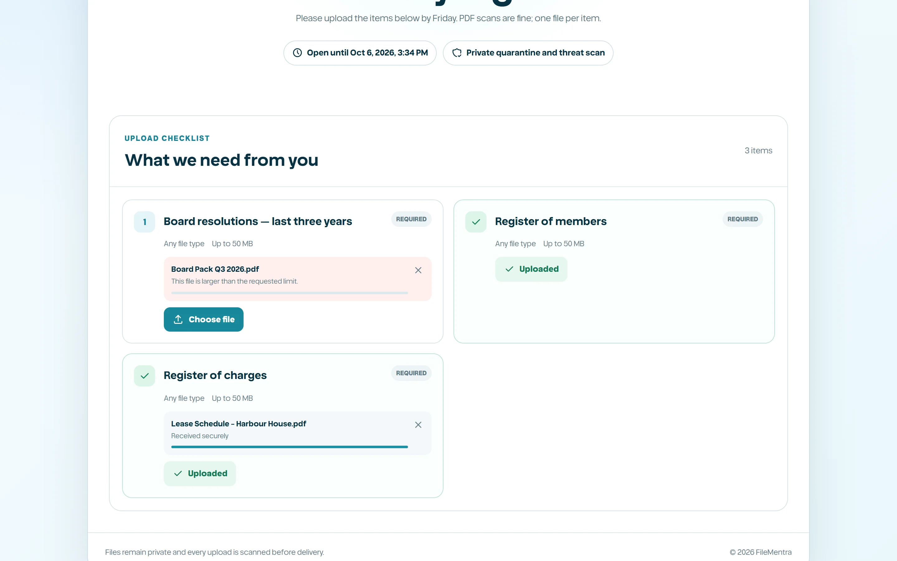 Checklist showing pending, uploading, accepted, and rejected item states.
