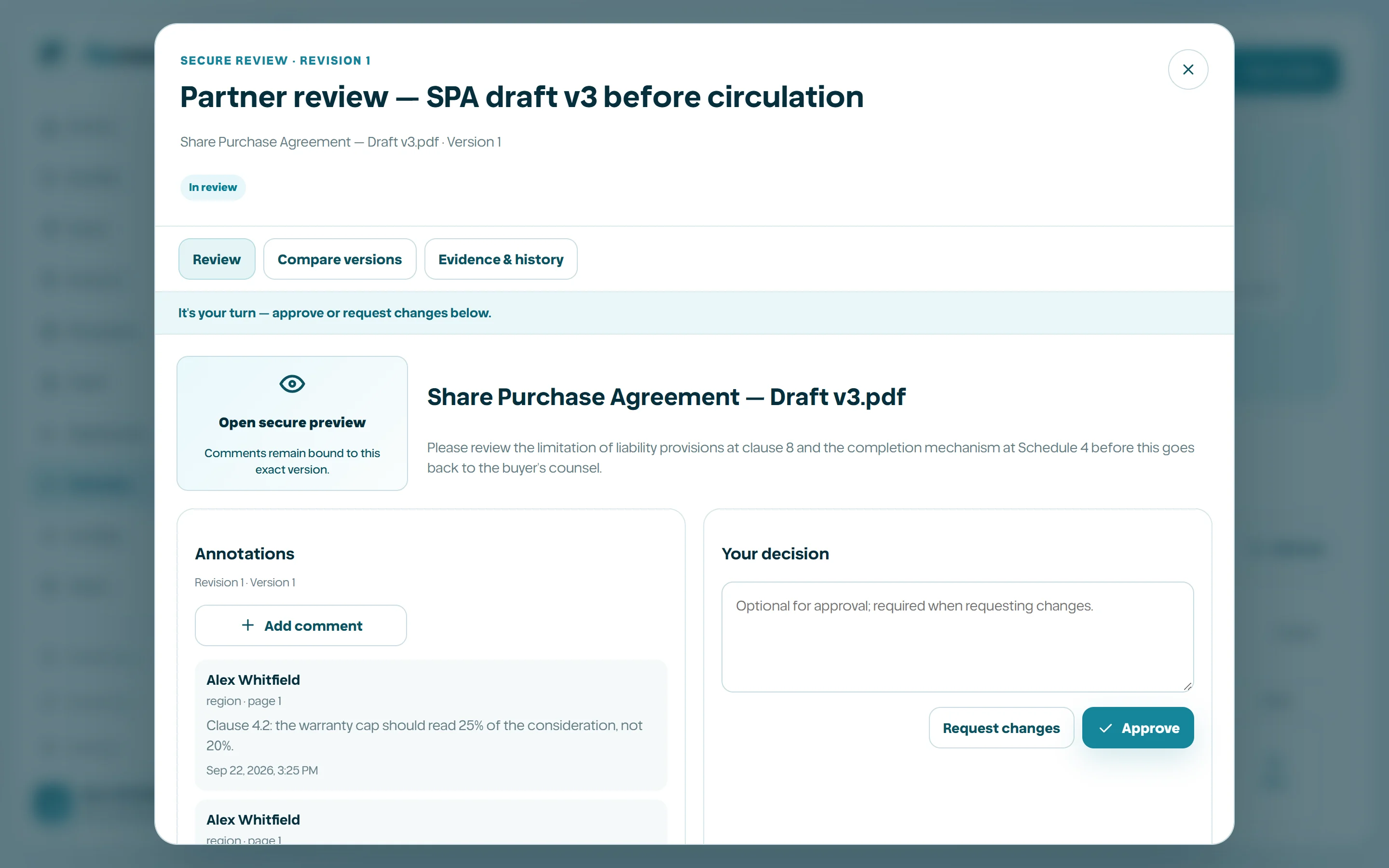 Preview with annotations, decision controls, and evidence.