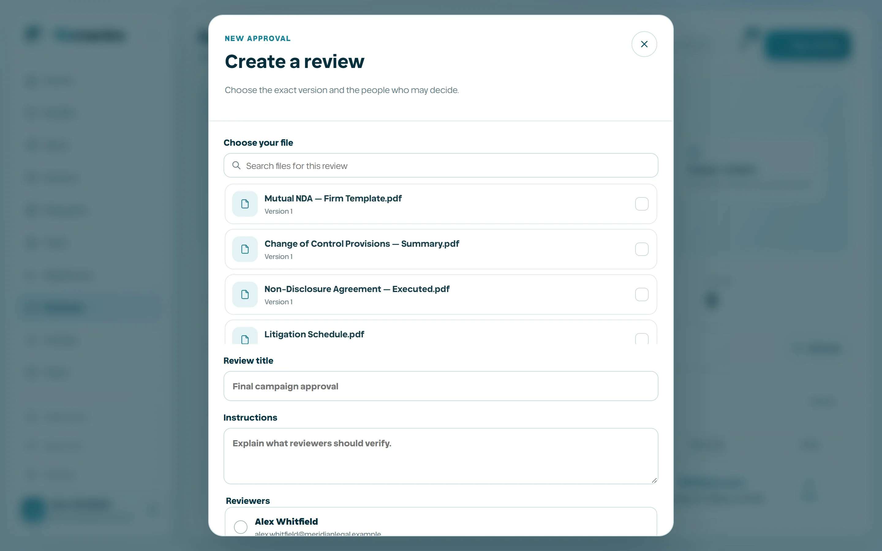 New Review dialog with file/version and reviewer selection.