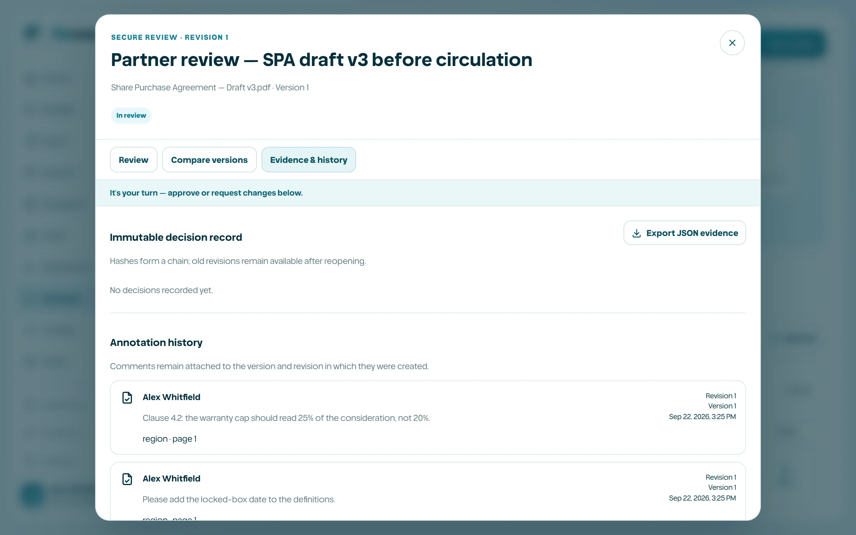 Evidence panel with linked supporting records.