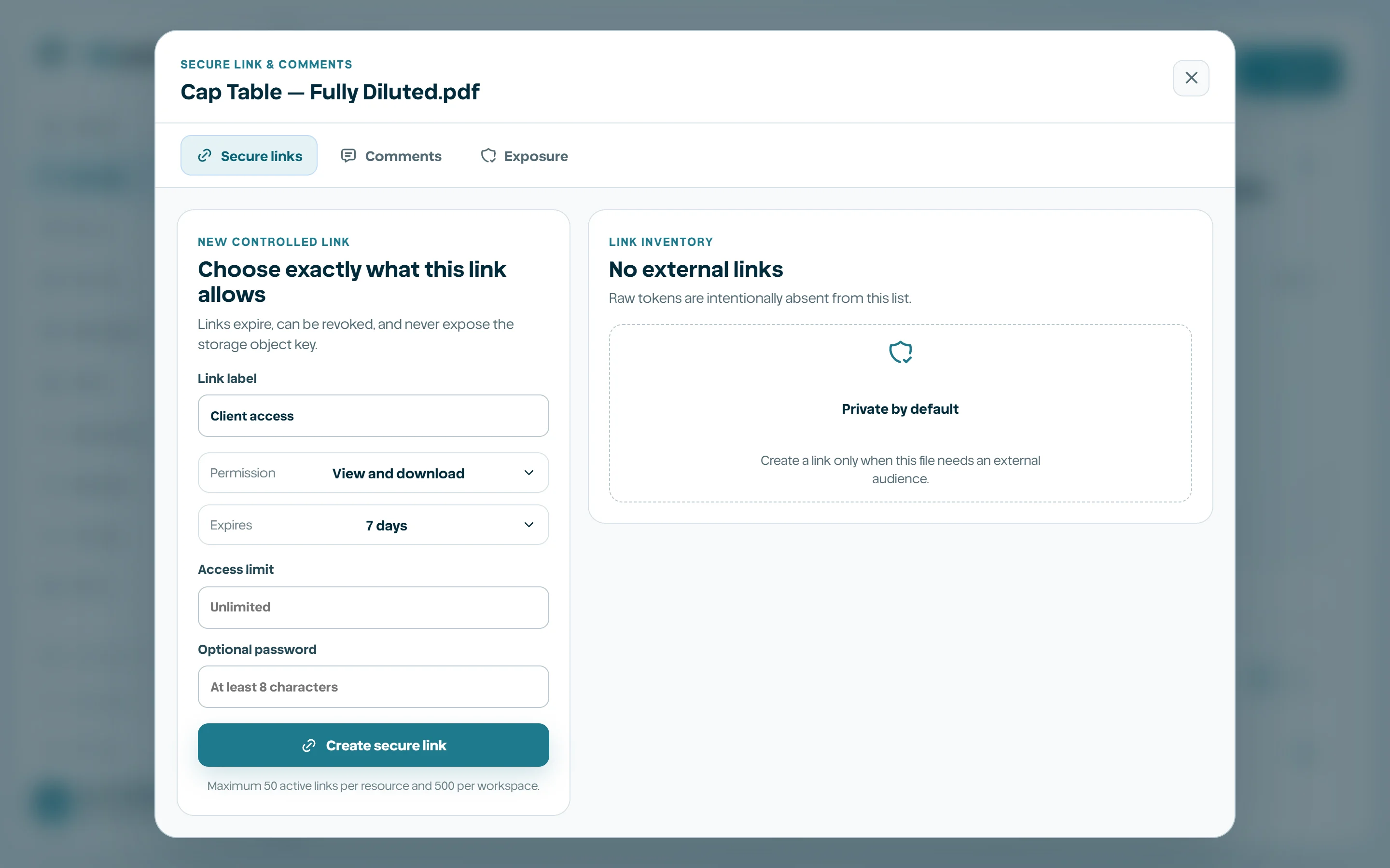 Secure-link form with each policy field labelled.