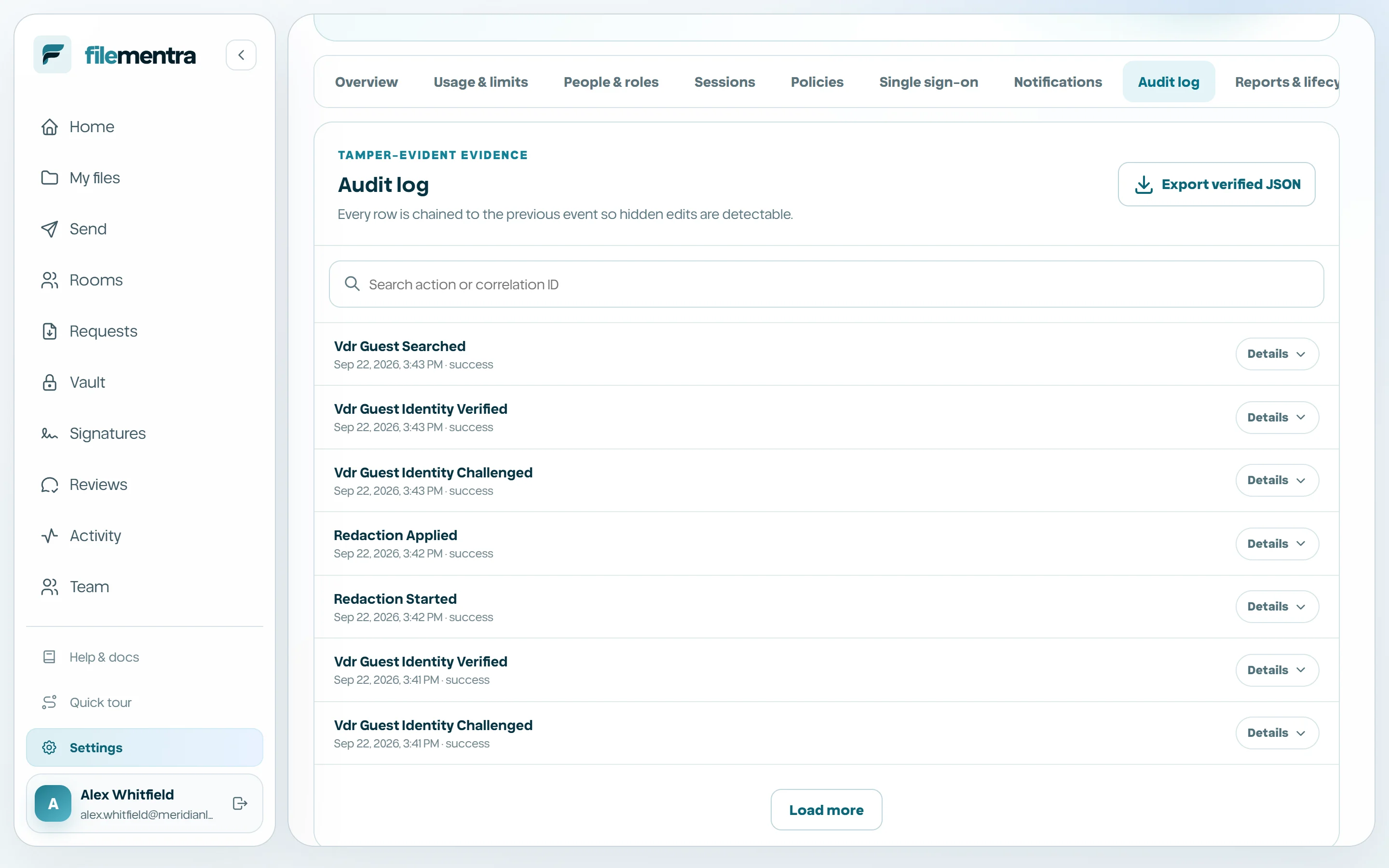 Filtered audit records with reference ID, record hash, and export controls.