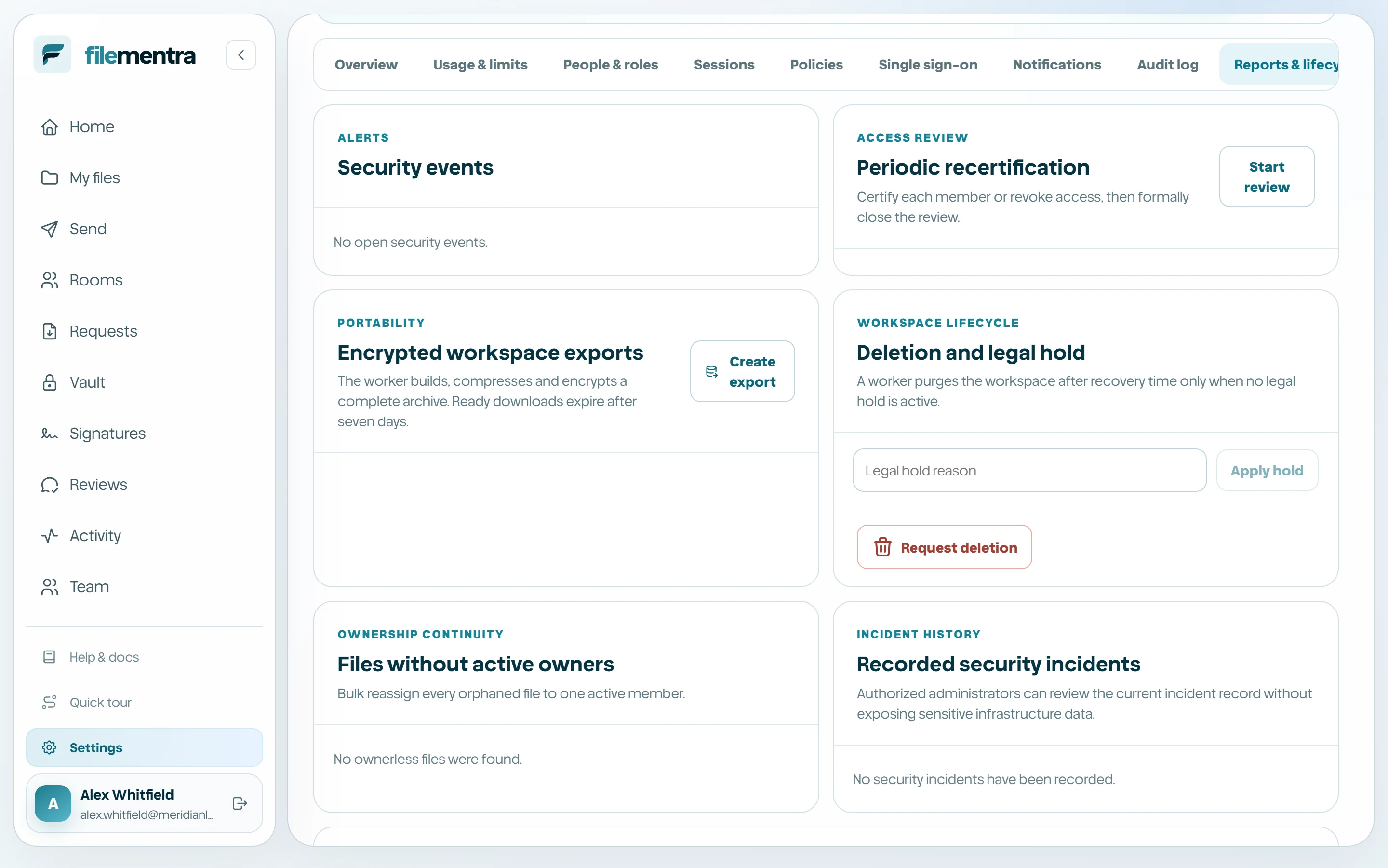 Recertification, exports, legal hold, ownership, incidents, and scoped API access.