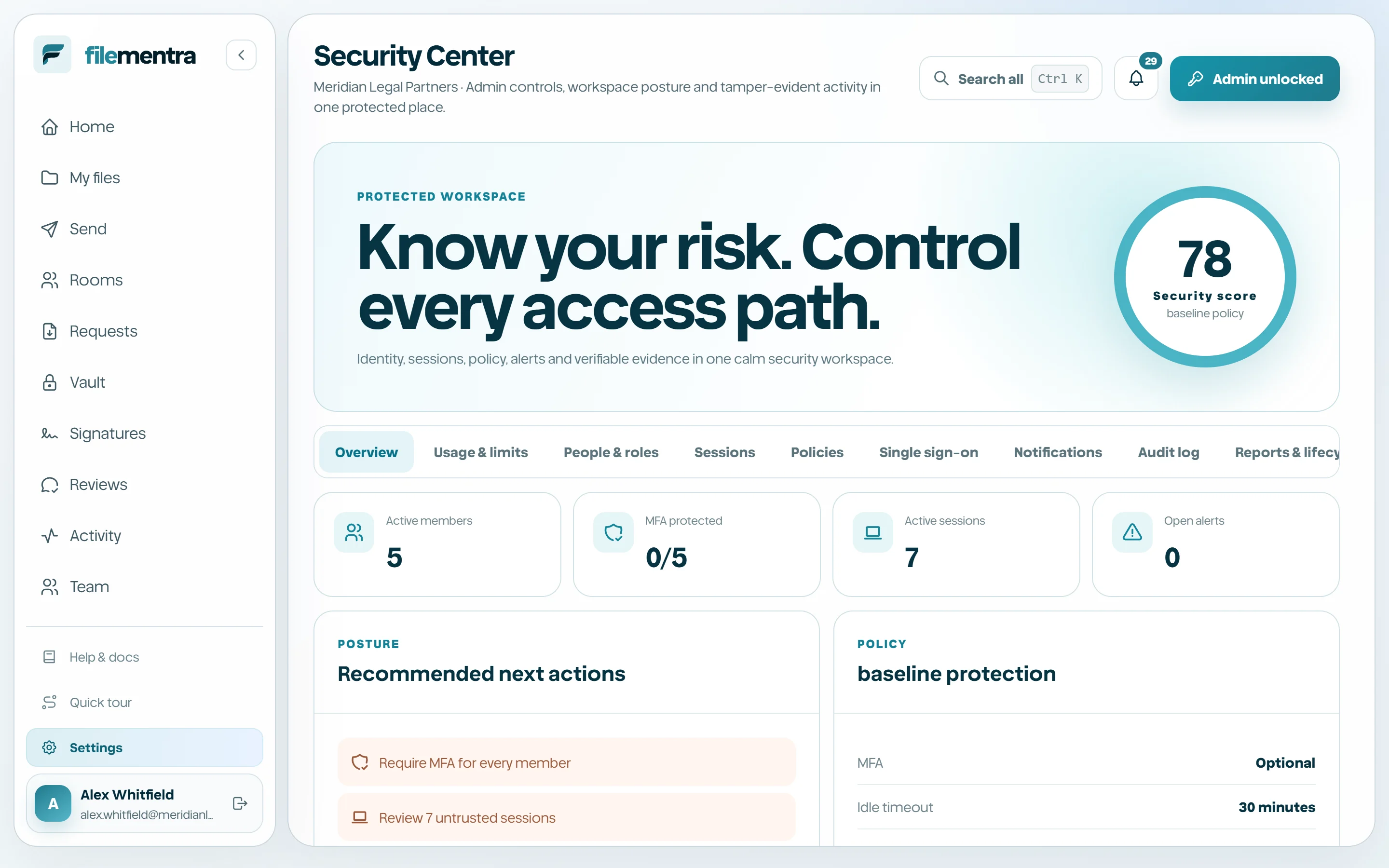 Workspace posture, recommended actions, and the admin-unlock control.