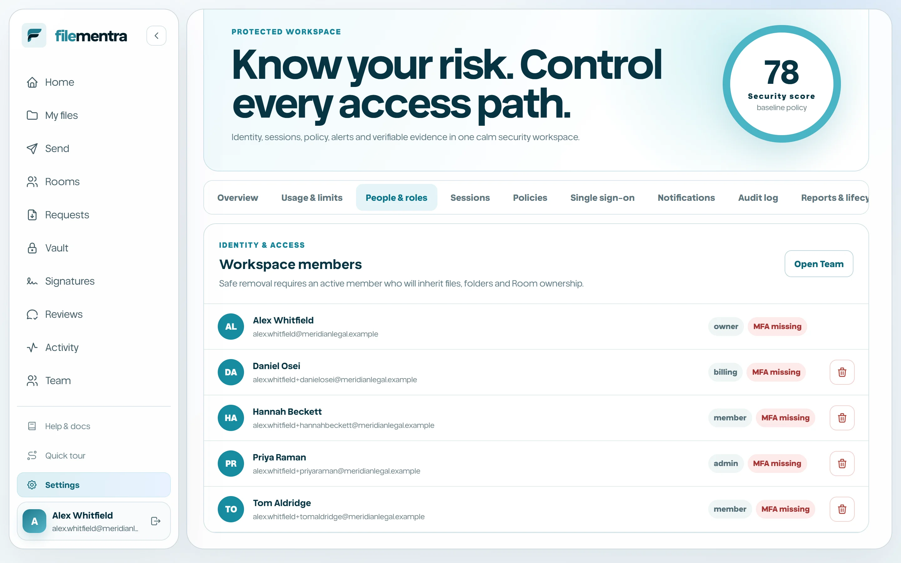 The three protected tabs with role, session-revoke, and policy controls.