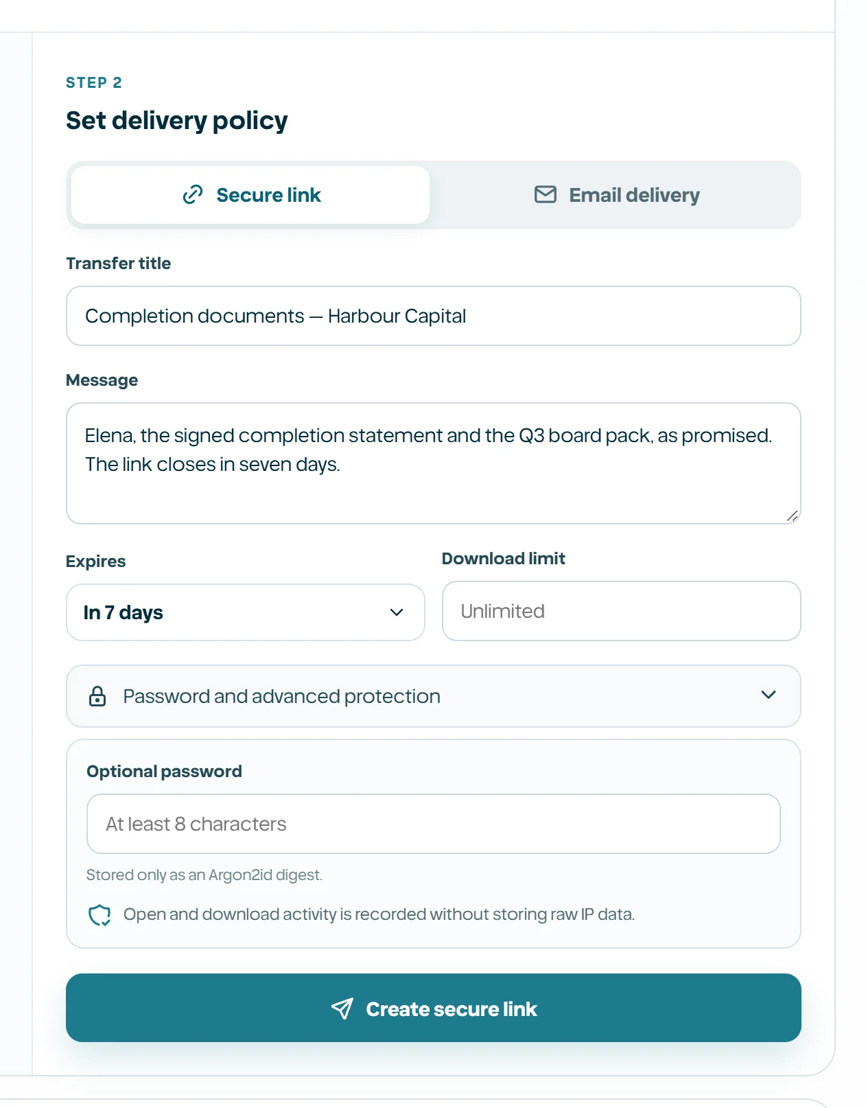 Delivery method and security policy form.
