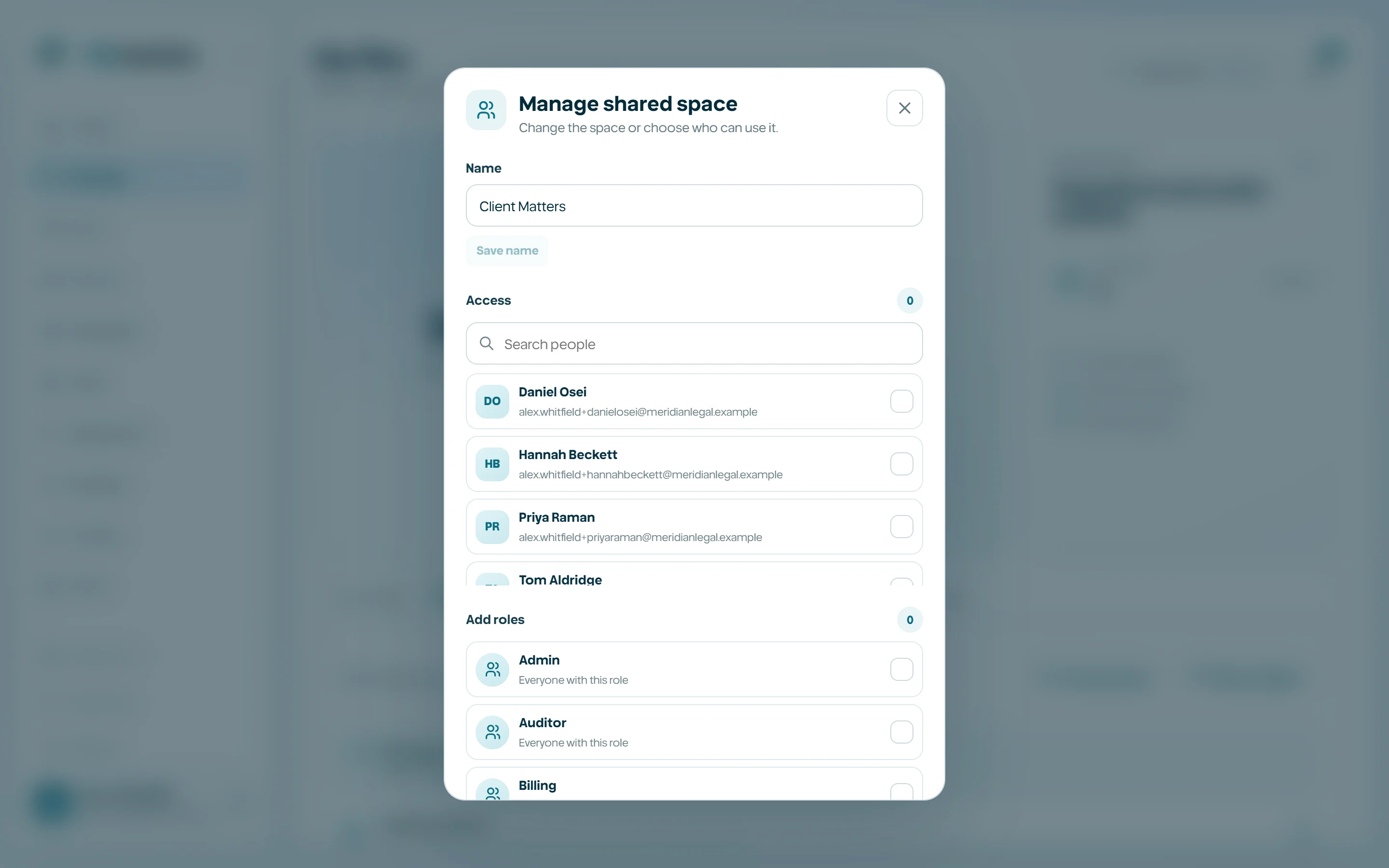 Manage-access dialog showing direct people and role grants.