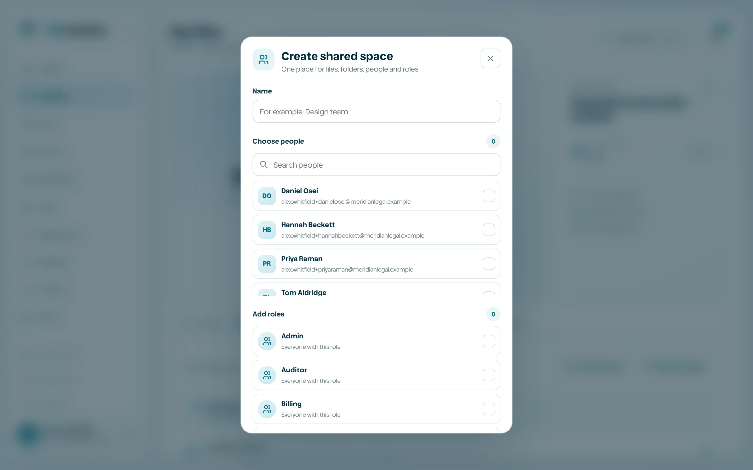 Simple creation dialog with name, people, and roles.