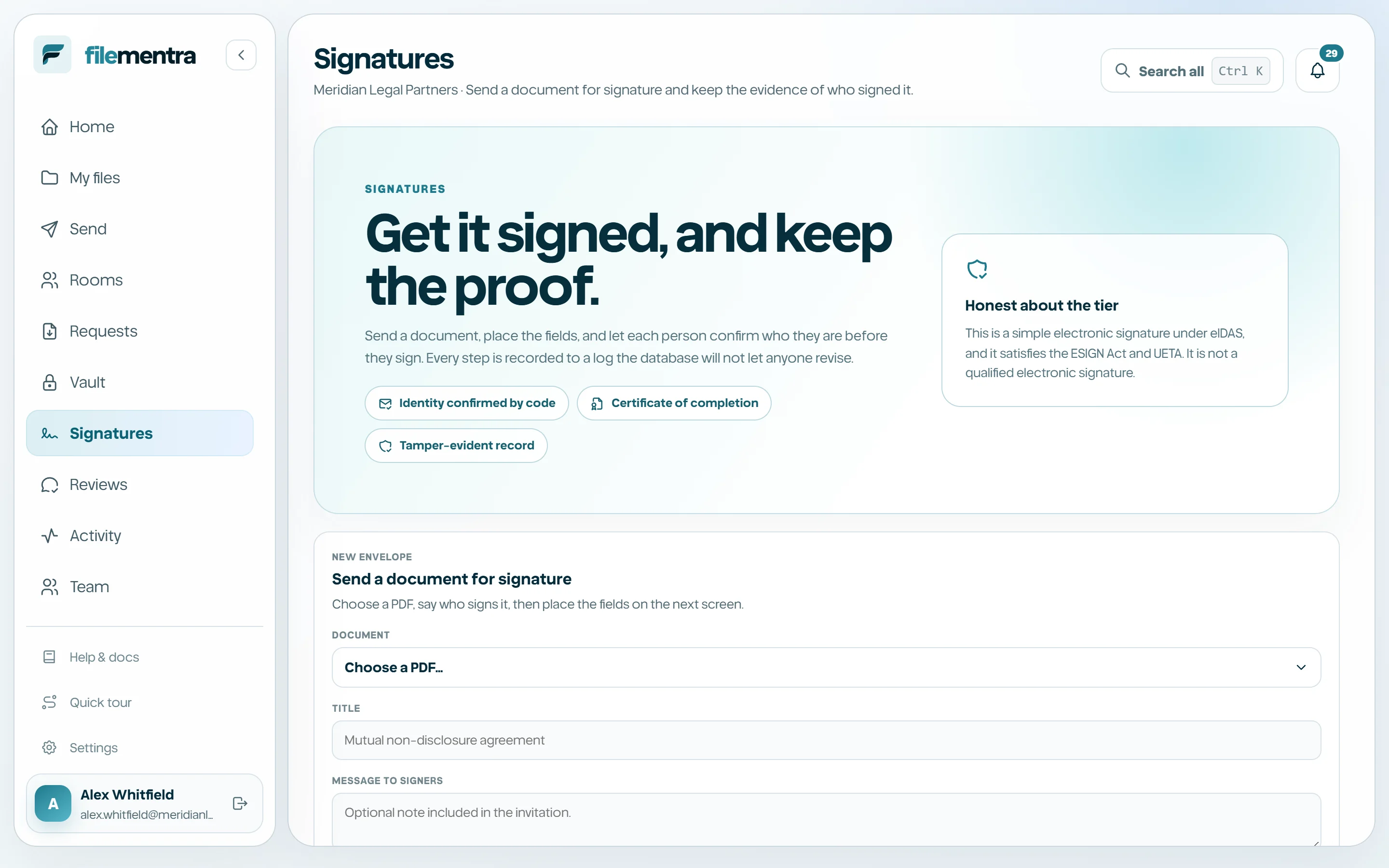 Envelope setup with document, title, recipient list, routing, and expiry.