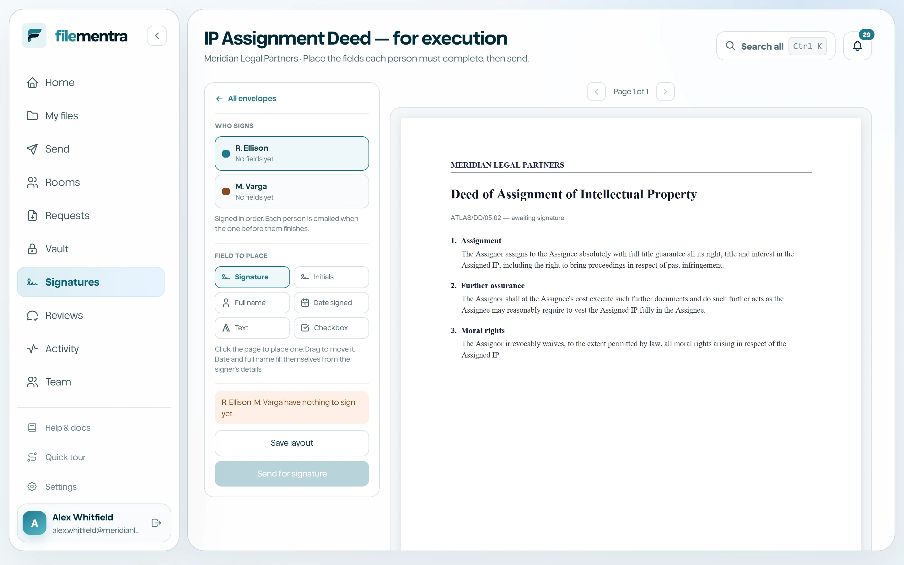 Signature editor with fields placed on a page and assigned to different recipients.