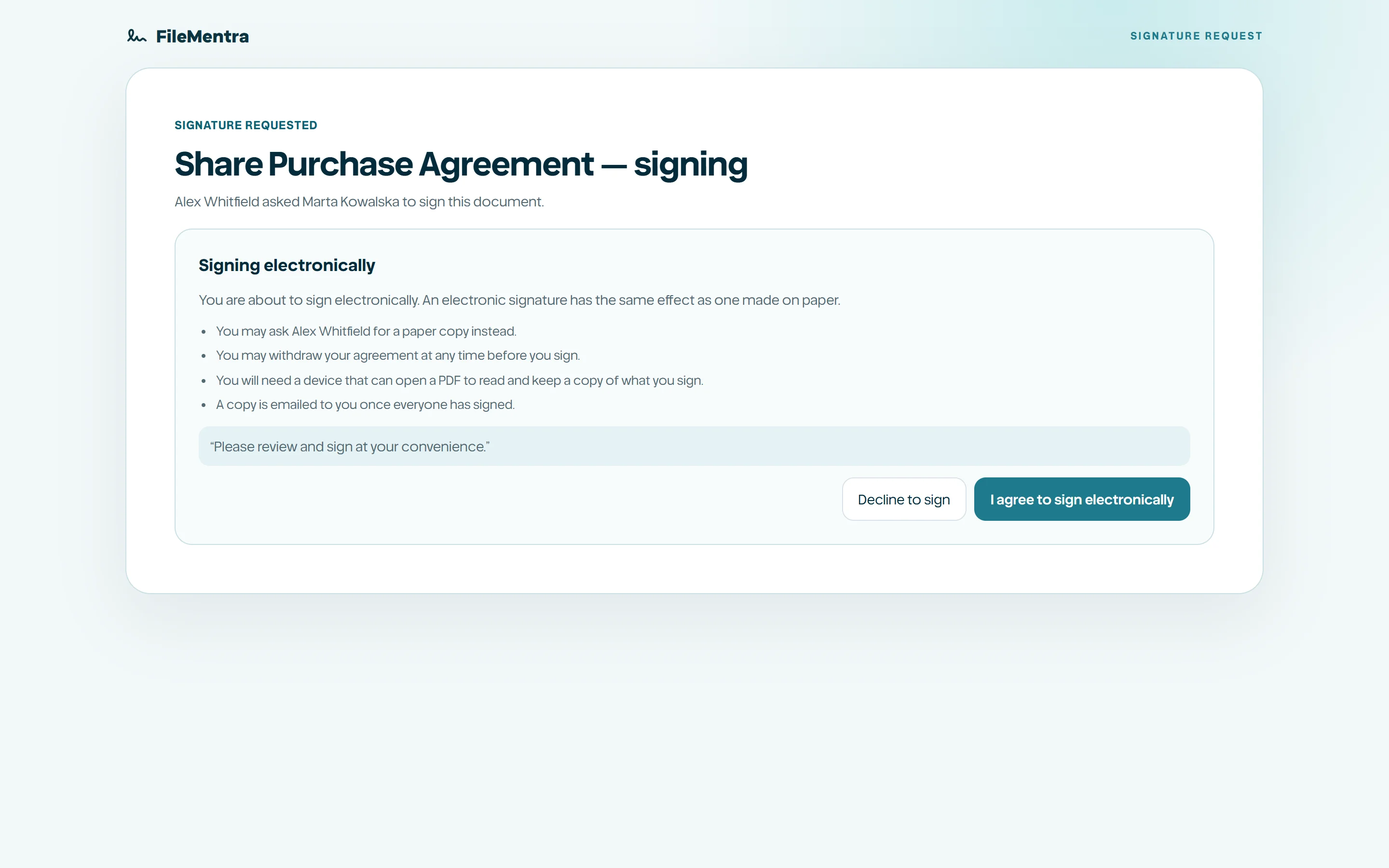 Recipient signing view with the consent notice, assigned fields, and decline option.