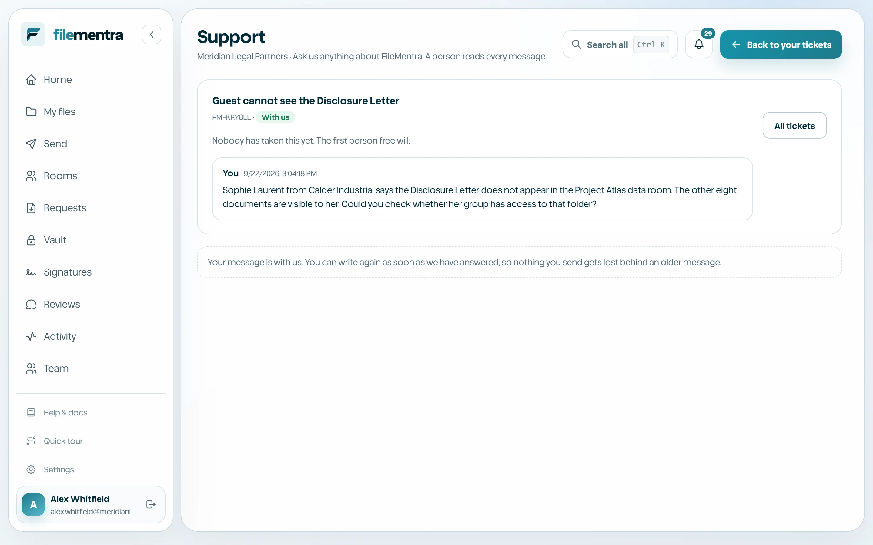 Redacted support example with timestamp and correlation id.