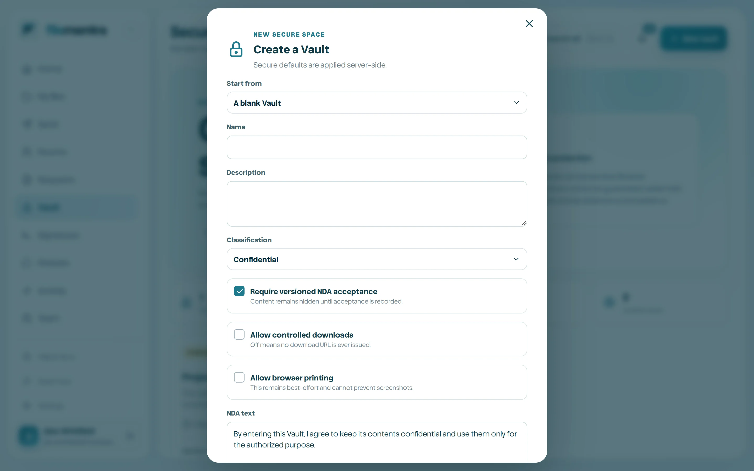 Vault creation dialog and template selection.
