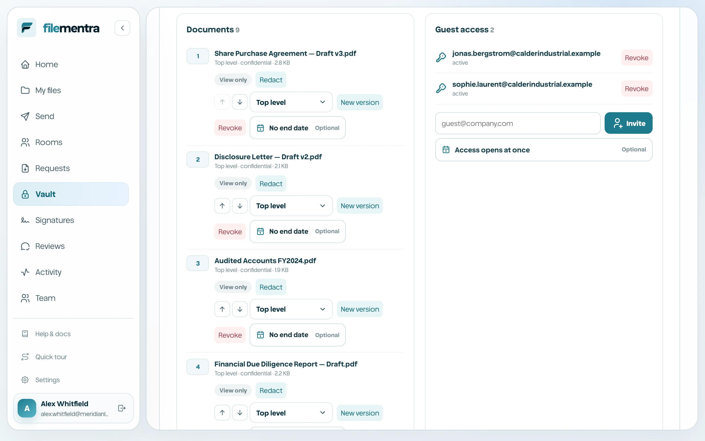 Protected document list with classification and retention status.