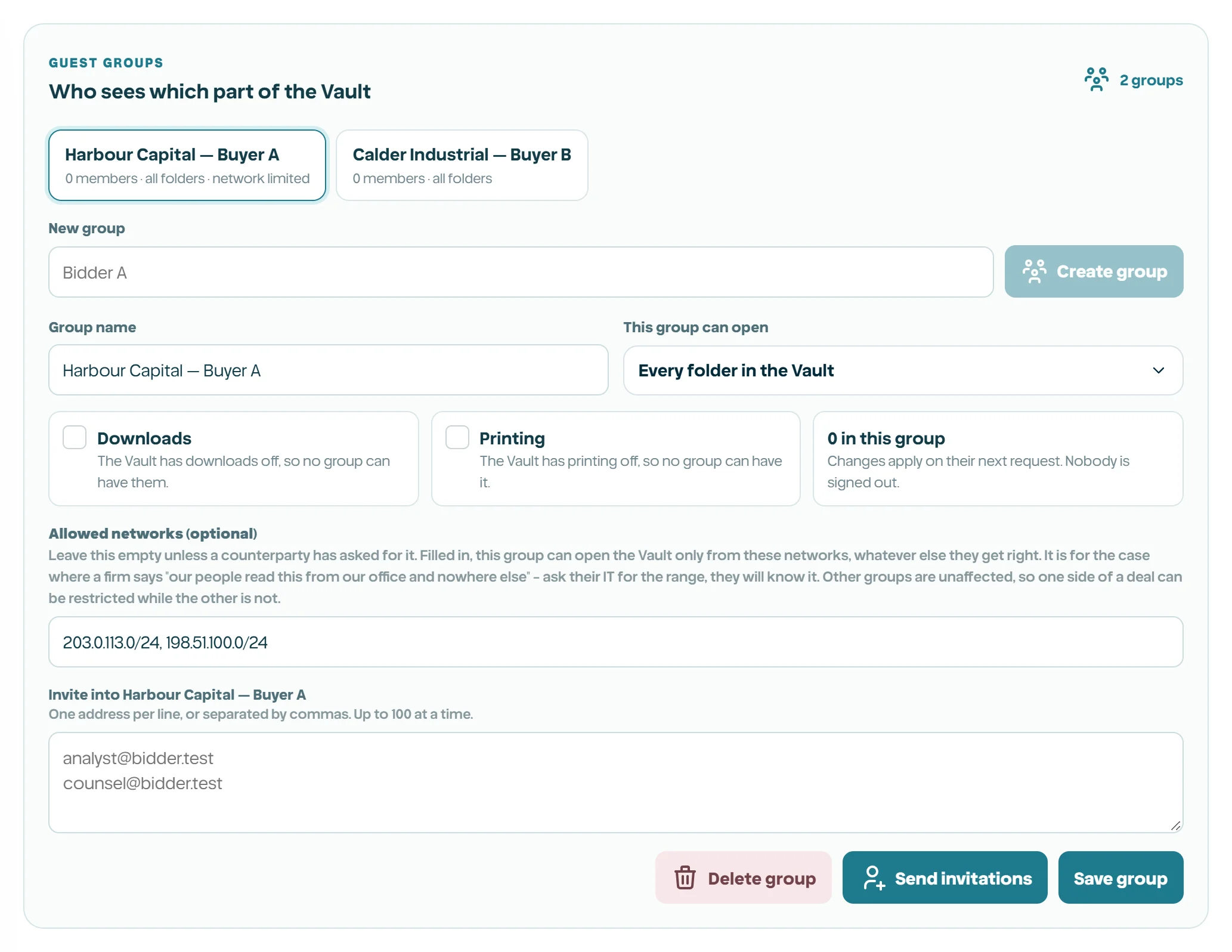 The optional network field on a guest group, with one group restricted and another left open.