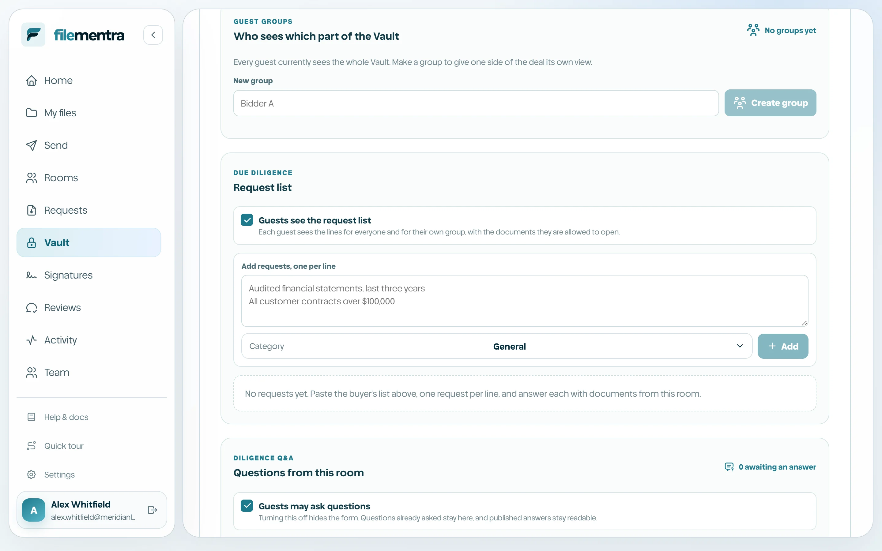 The groups panel with a bidder group selected, its folders ticked and its member list.