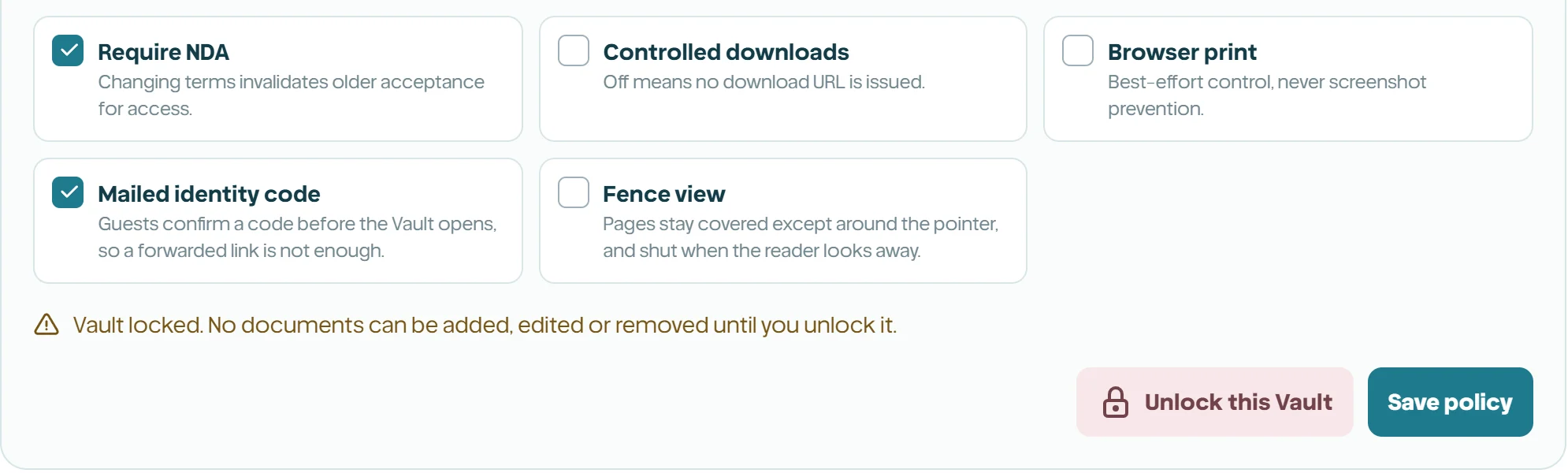 Step-up confirmation and active legal-hold status.