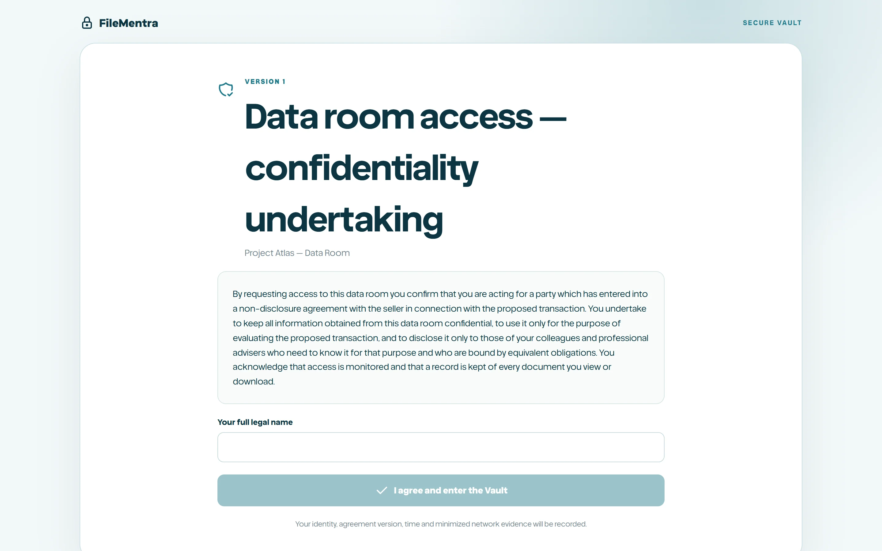 Recipient NDA acceptance followed by protected Vault entry.