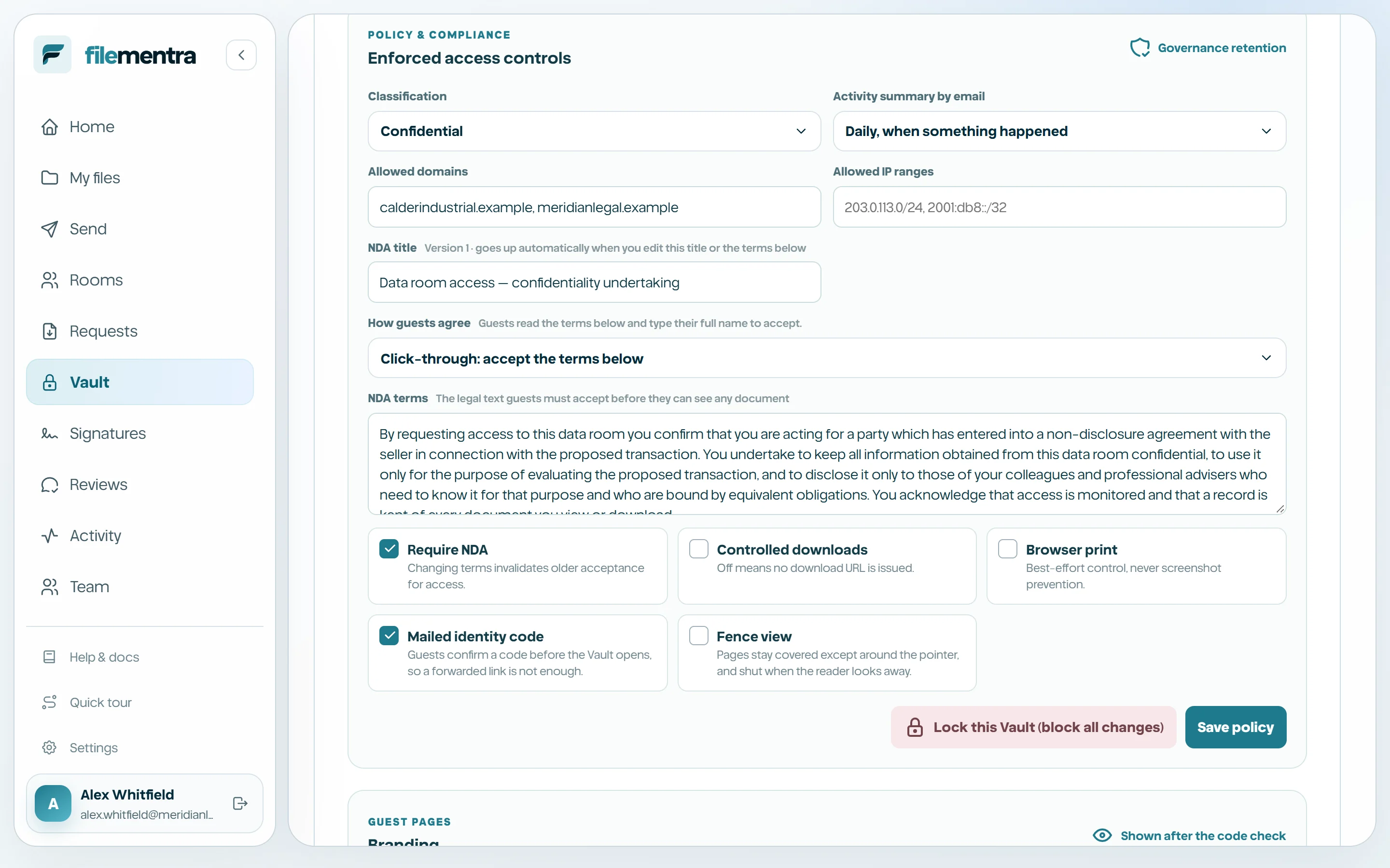 Classification, NDA, watermark, download, network, and retention controls.