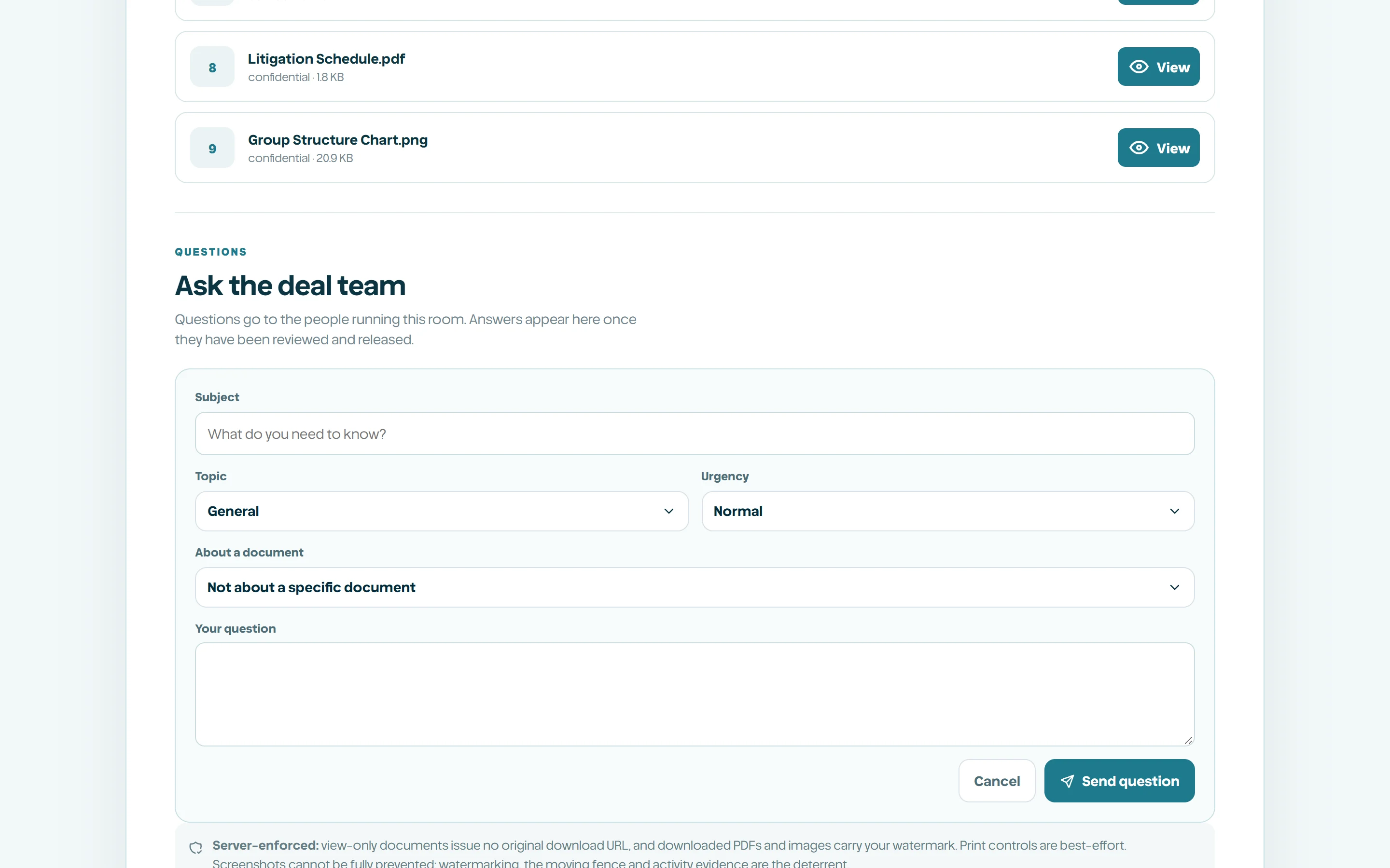 Recipient Vault view with the question form, document selector, category, and priority.