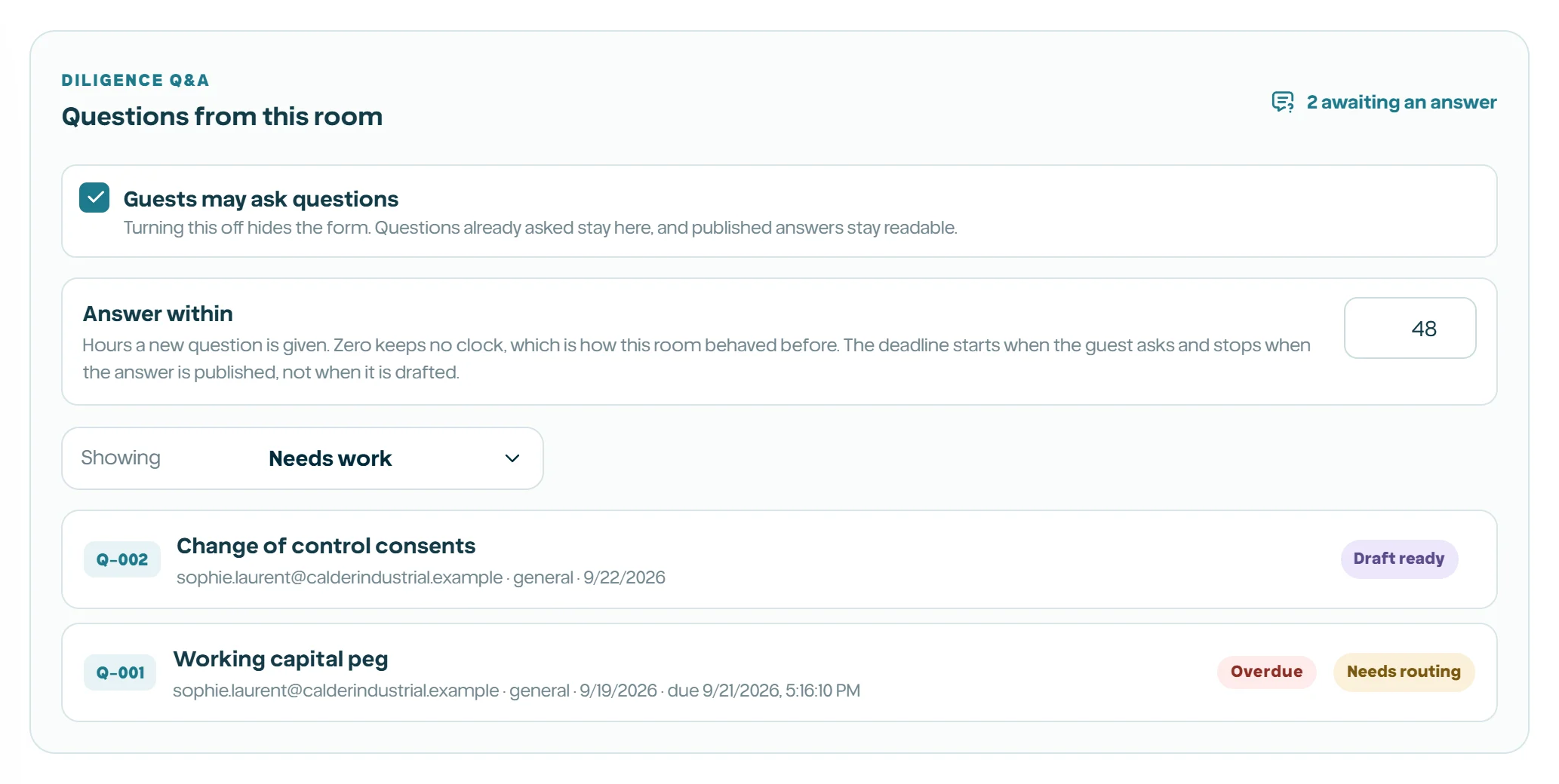 The Vault question list with a deadline set, one question overdue and one showing its answer time.