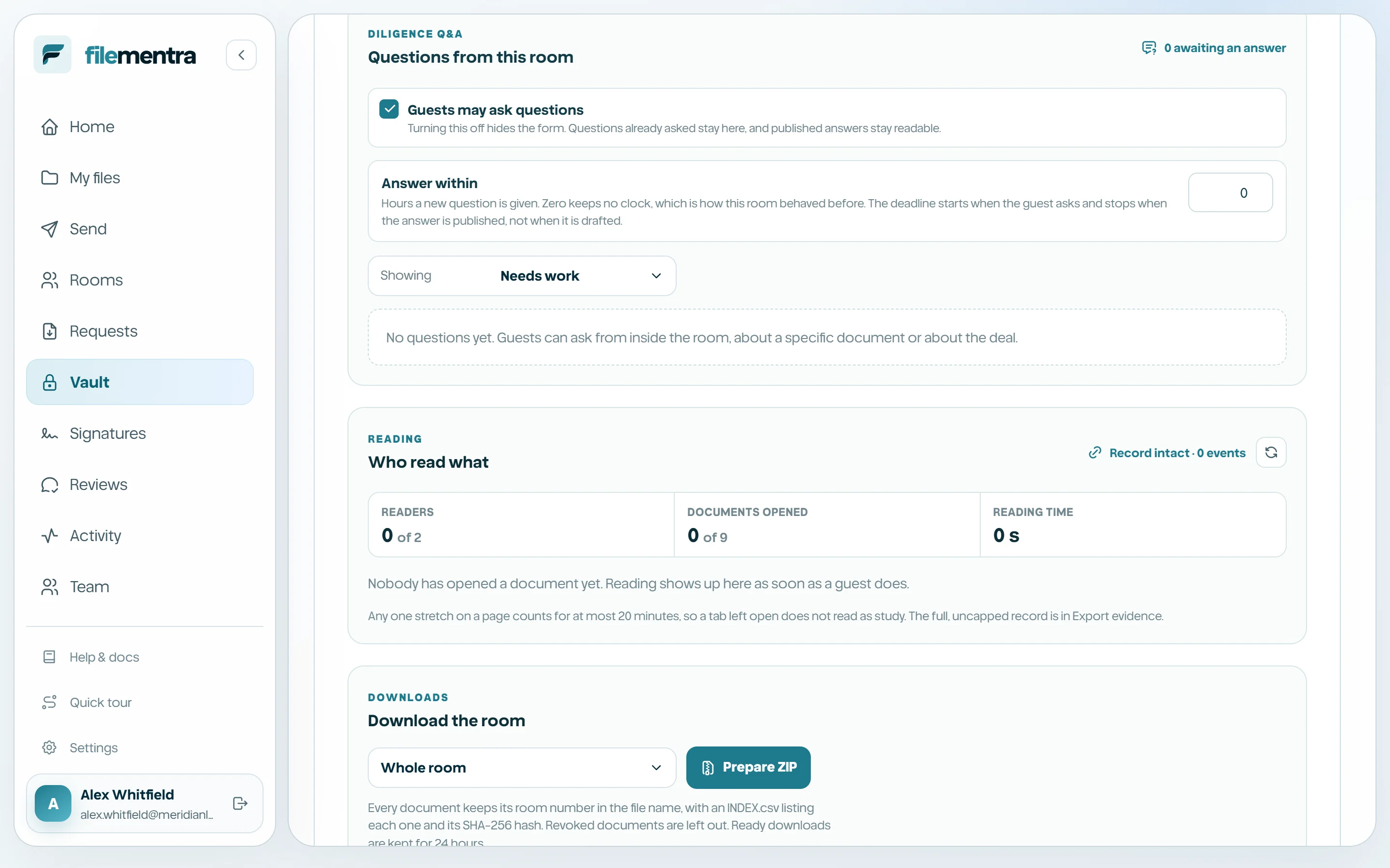 Vault settings with the Q&A toggle and the room-side question list behind it.