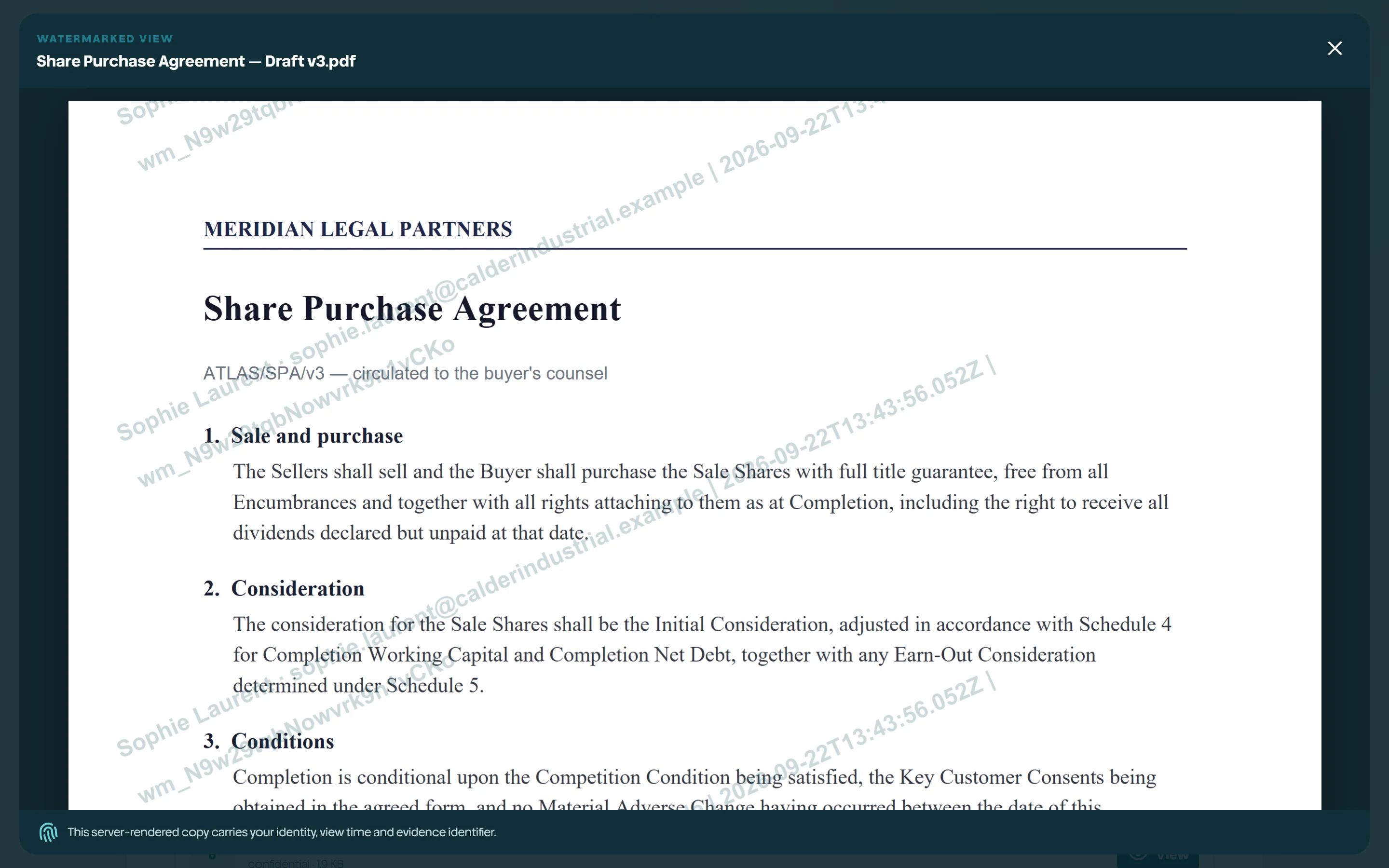 Watermarked PDF or image with viewer identity and evidence id.
