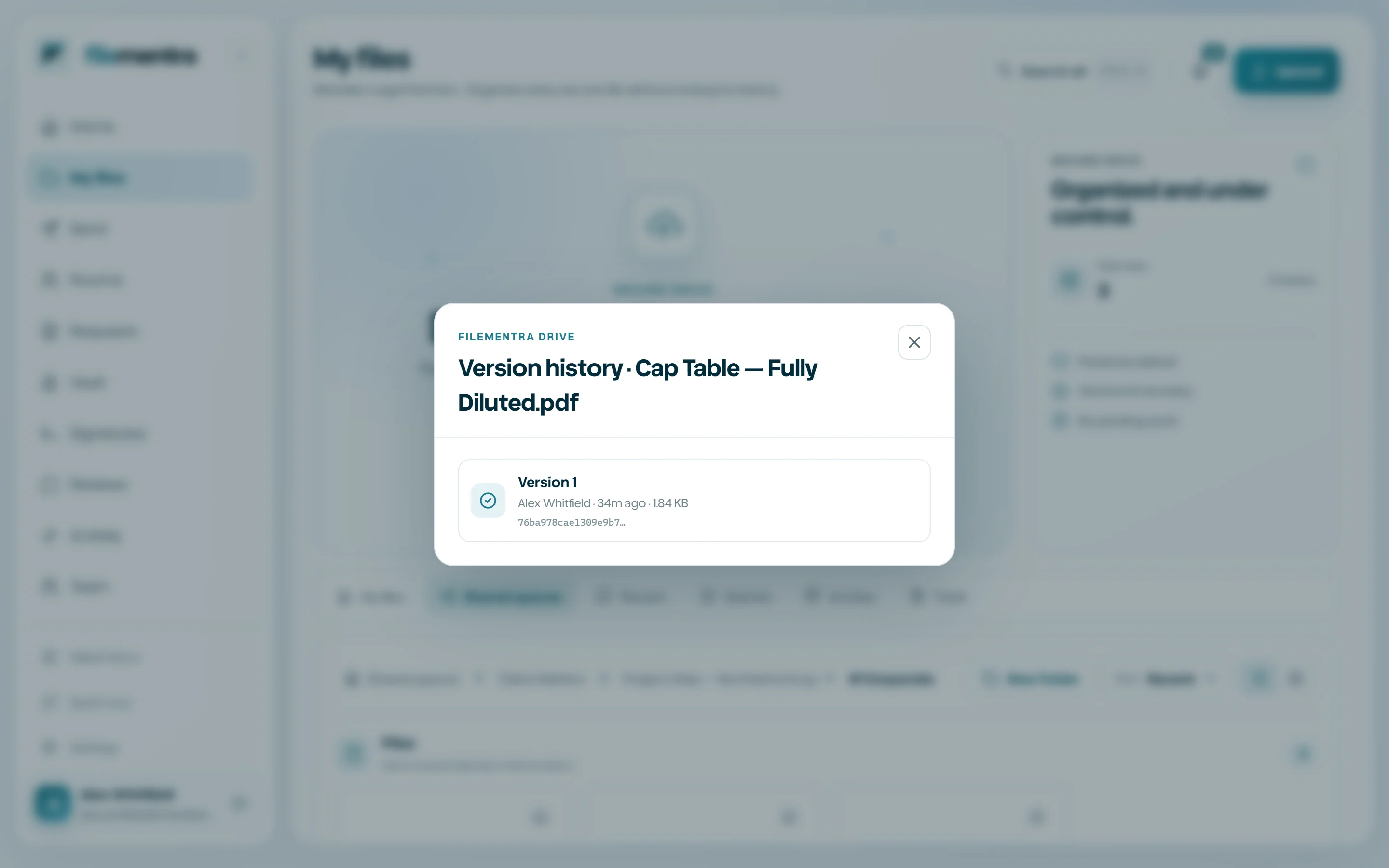 Version timeline with current, previous, and restore actions.