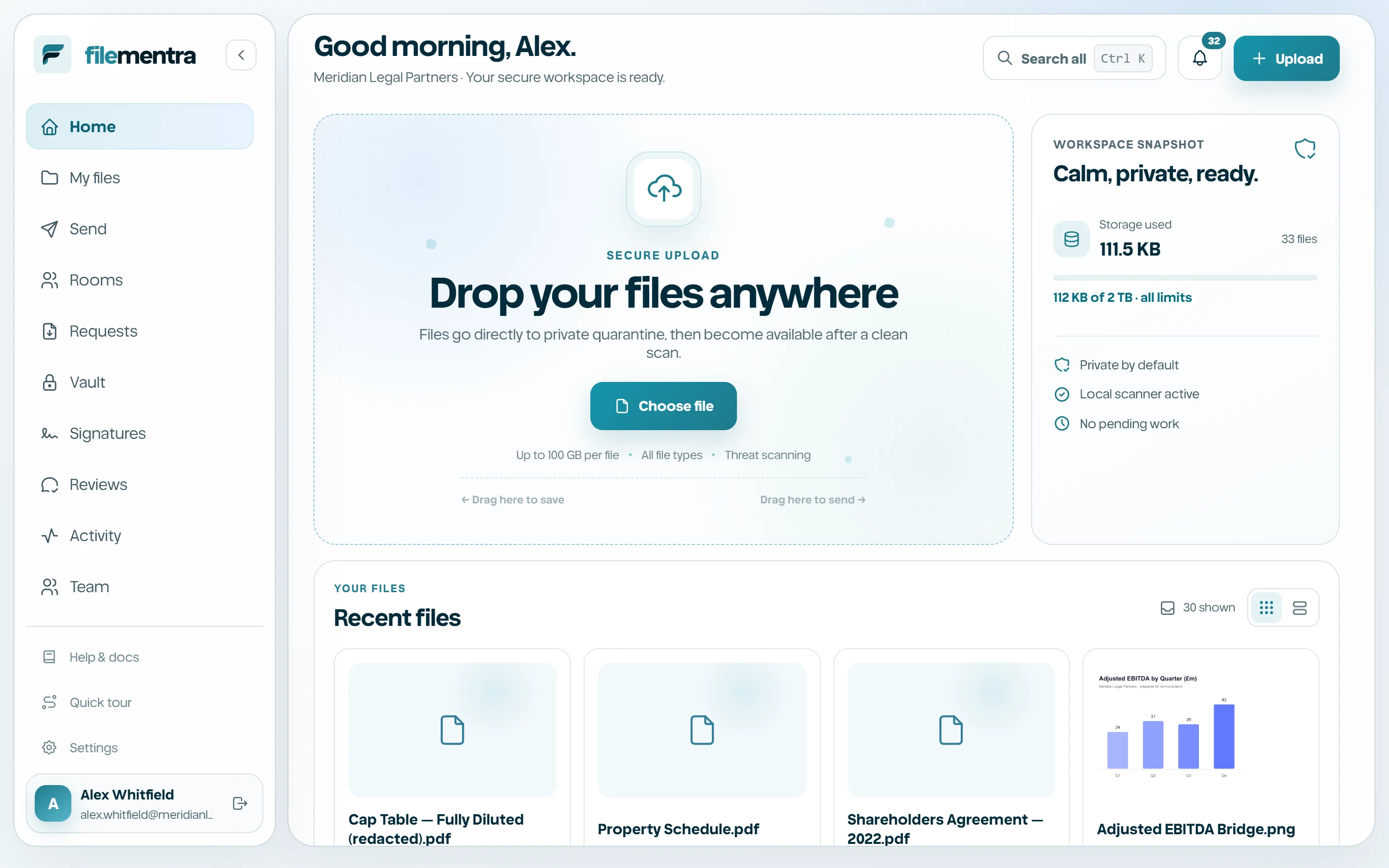 Full FileMentra workspace with the main navigation visible.